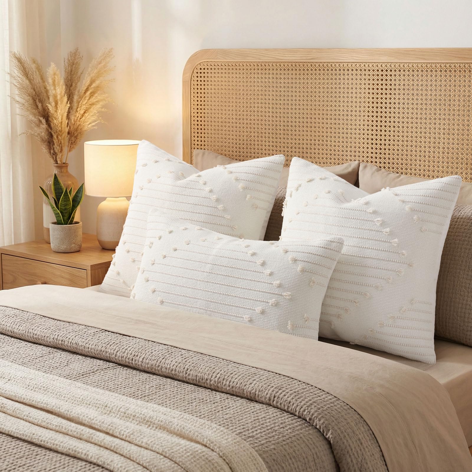 Mecatny Set di 2 federe per cuscini bohémien, beige e bianco, 45 x 45 cm, decorazione moderna neutra, per letto, divano, soggiorno