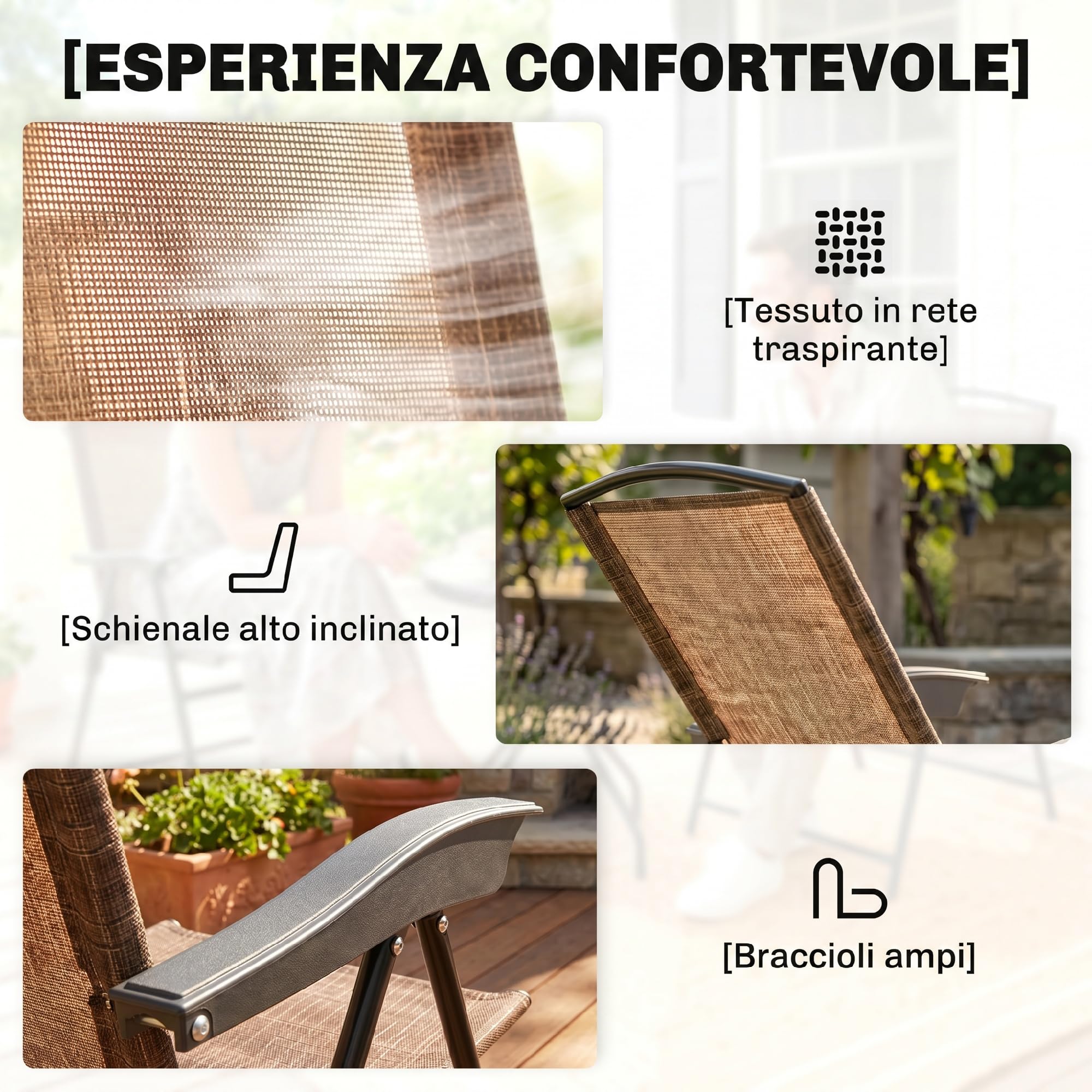 Outsunny Tavolino con 2 Sedie Set Mobili 3pz Pieghevole Regolabile Esterno Textilene Marrone