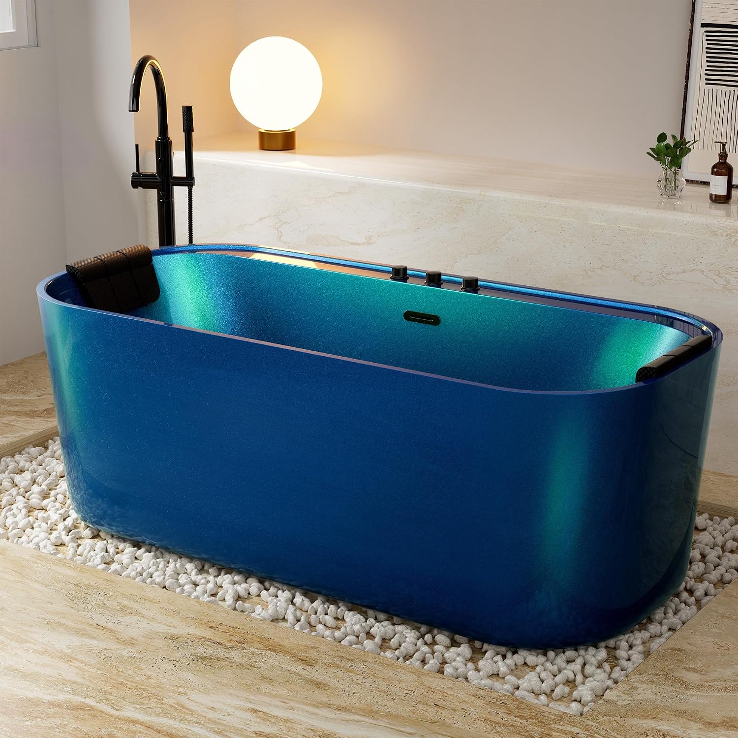 Empava PRO Series 67" Whirlpool Jetted Tub, Luxury Air Bubble Hydromassage Spa Bath with Phantom Blue Finish, Freestanding Home Relaxation Soaking Tub, ETL Certified