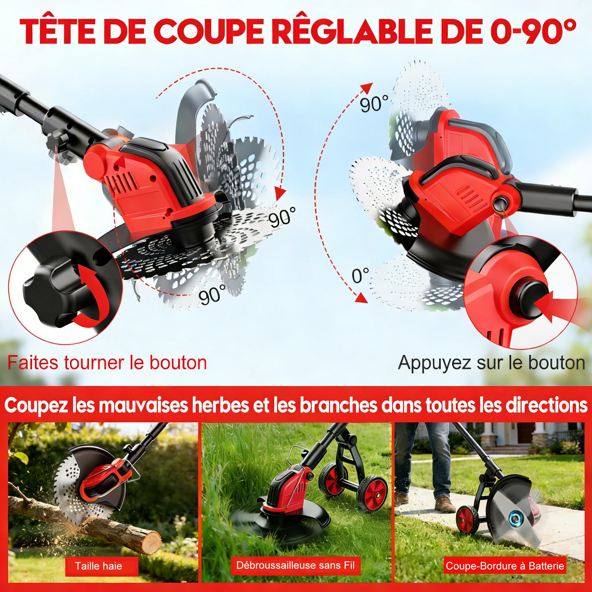 Lacoco 12 Pouces Débroussailleuse à Batterie Debroussailleuse Électrique sans Fil 850W avec 2 * 3.0Ah Batteries 4 Types de Lames Roues Réglable Coupe Bordure Coupe-Herbe à Gazon pour Pelouse Jardin