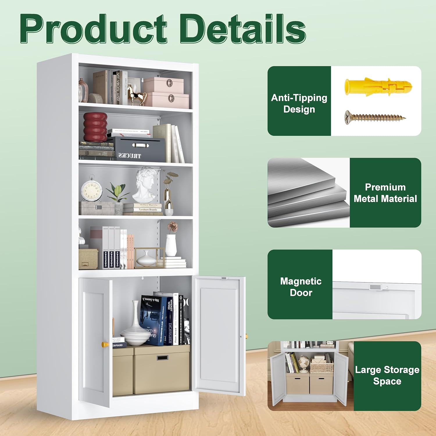 Kitchen Pantry Cabinet, 55" Tall Metal Storage Cabinet with Doors and Shelves, Pantry Storage Cabinets for Kitchen, Living Room, Dining Room，White