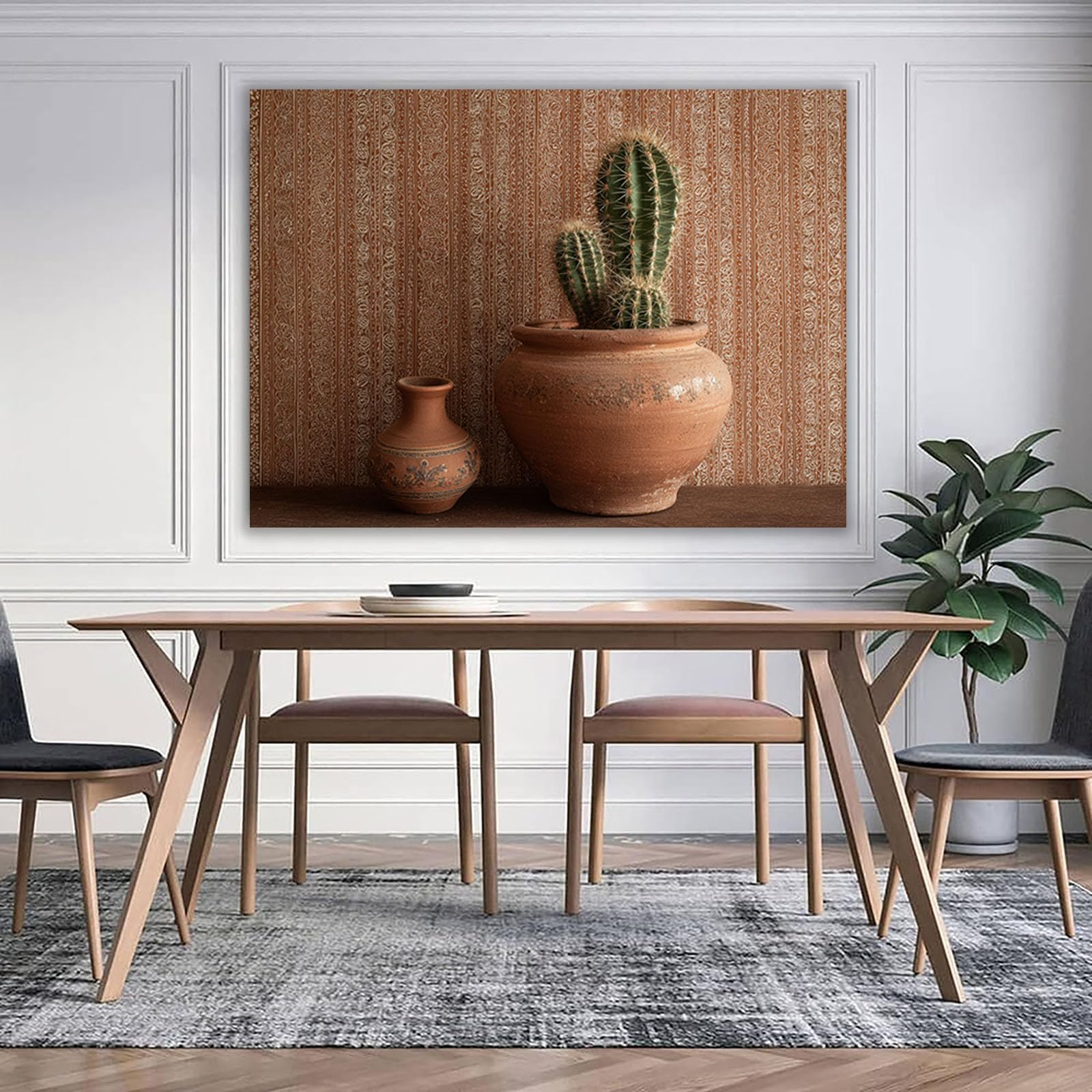 ZAMAEIU Semplice arte botanica Stampe su Canvas Cactus in vasi di ceramica per Camera da Letto Agriturismo Soggiorno Bagno(marrone)-80x120cm Non incorniciato