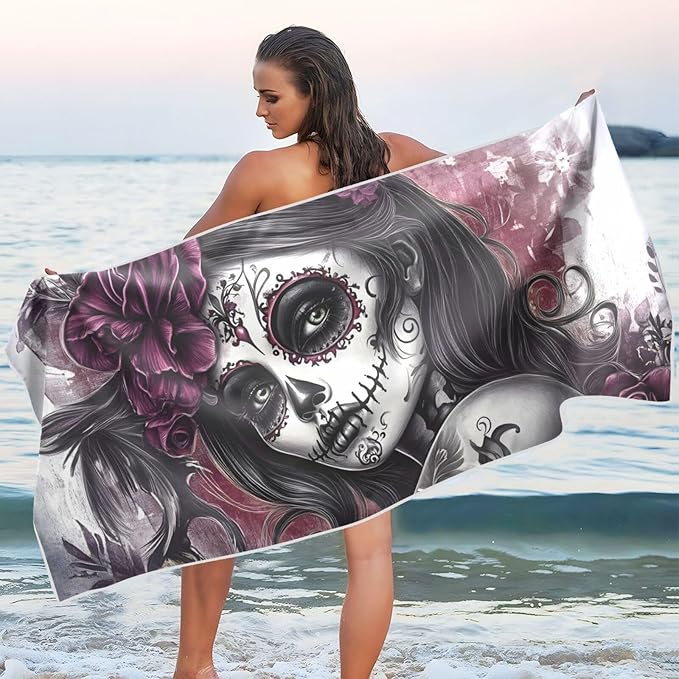 Microfiber Thin Lightweight Beach Towel Sugar Skull Face Purple Quick Dry Pool Towels 31” x 71” Sand Free Absorbent Camping Yoga Towel for Swimming, Picnic, Gym