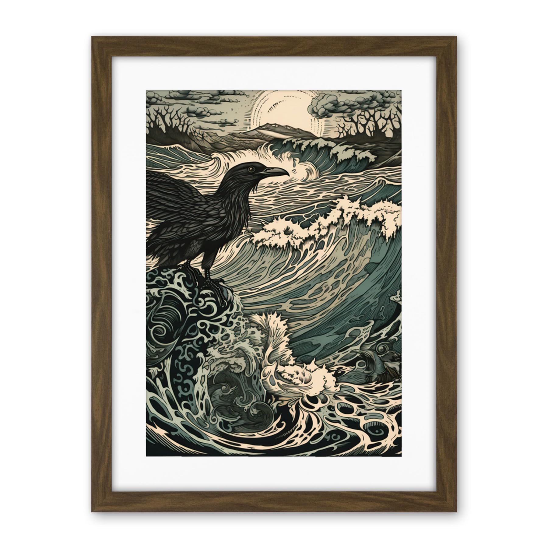 Artery8 Raven and Crashing Waves Coastal Sunrise Landscape Artwork Framed Wall Art Print 18X24 Inch