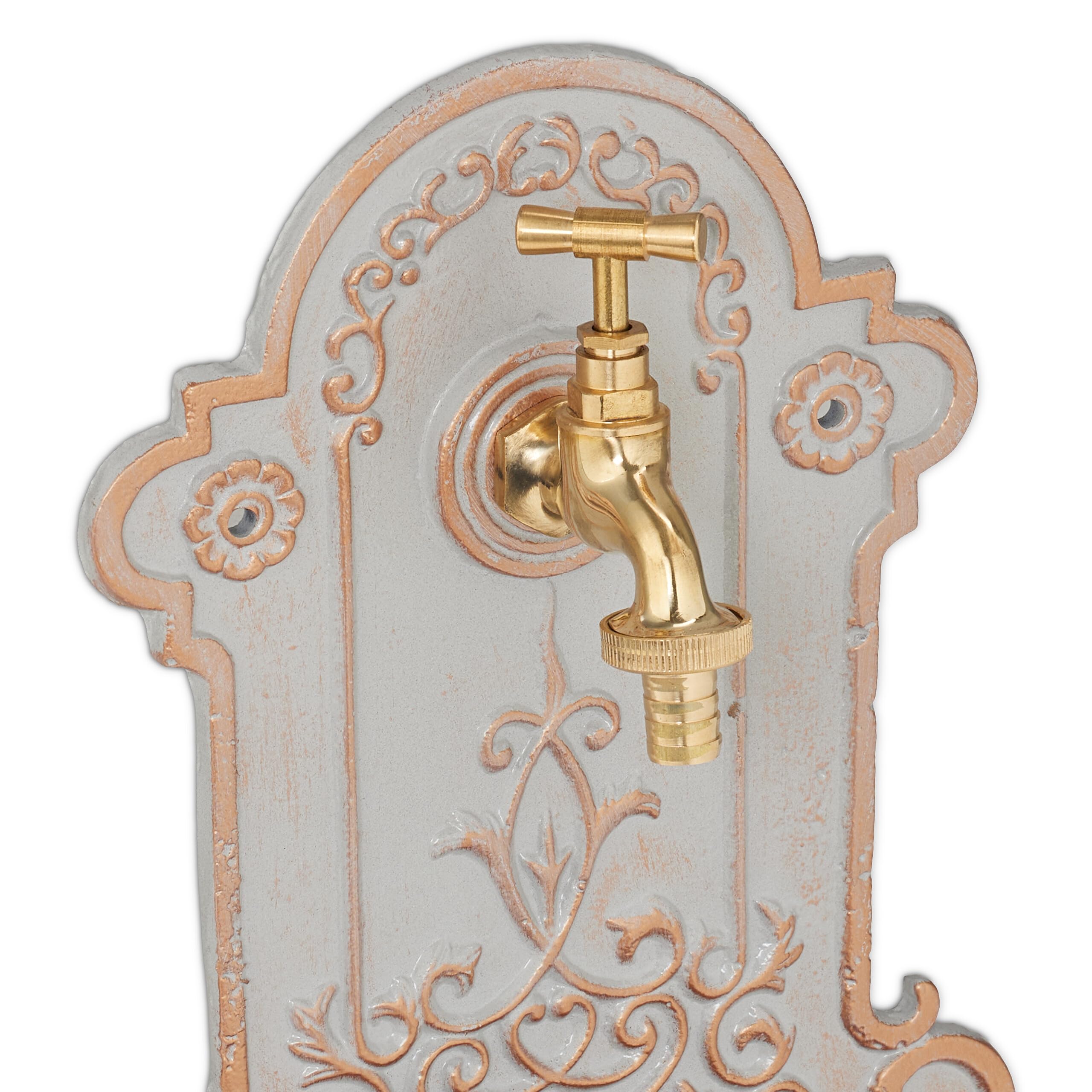 Relaxdays Fontana a Muro da Esterno, Fontanella Giardino, Vaschetta Rubinetto, Ghisa e Ottone, 36x22x10,5 cm, Oro Grigio