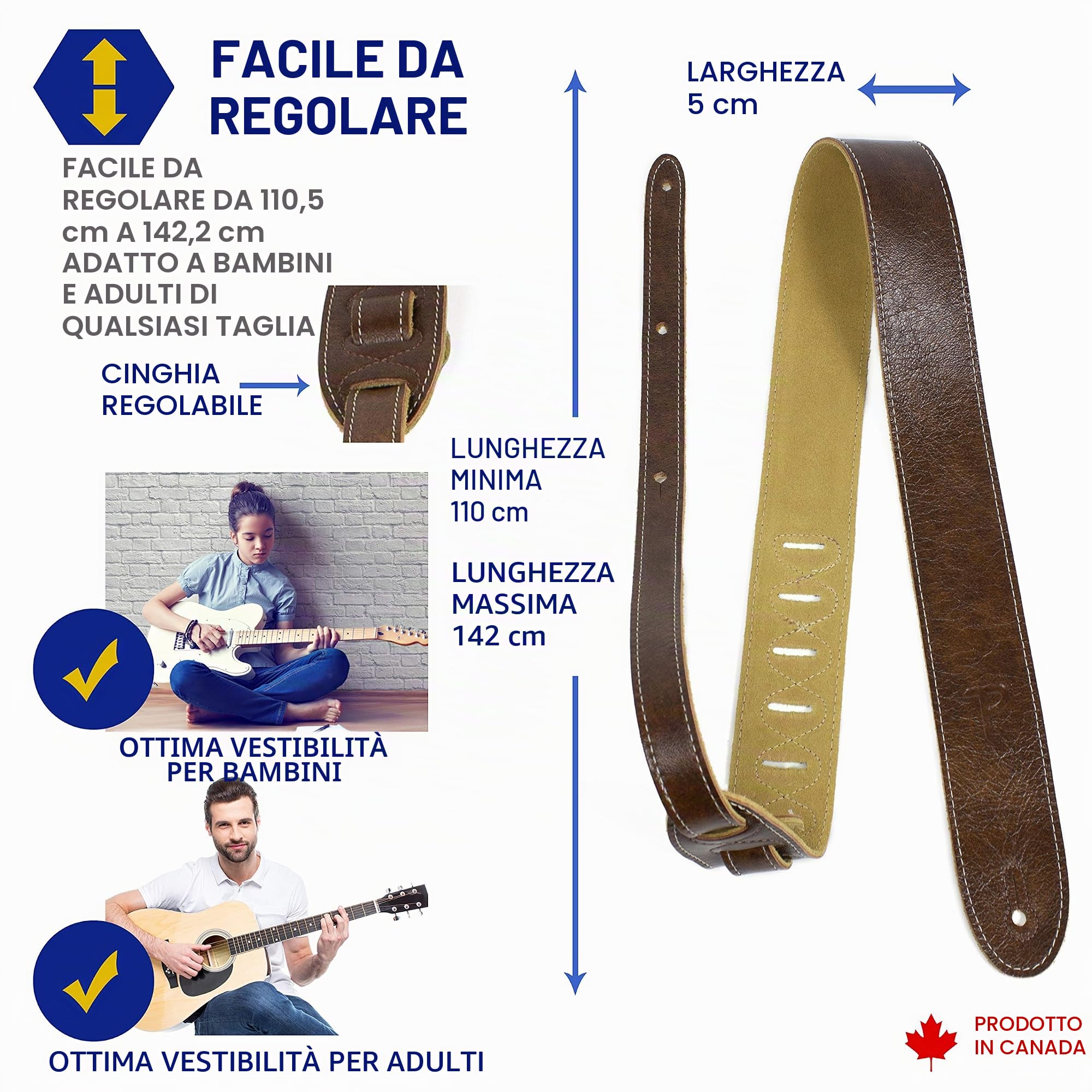 Perri's Leathers Ltd. - Tracolla per Chitarra - Pelle Italiana di Lusso - Castagna - Regolabile - Per Chitarre Acustiche/Elettriche/Bassi - Fabbricata in Canada (JW-G7LE-IT68)
