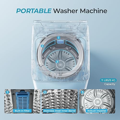Miniatura 5 de Euhomy Lavadora portátil de 1.59 pies cúbicos, capacidad de 11 libras, 8 funciones, 8 niveles de agua, lavadora de tamaño completo con bomba de