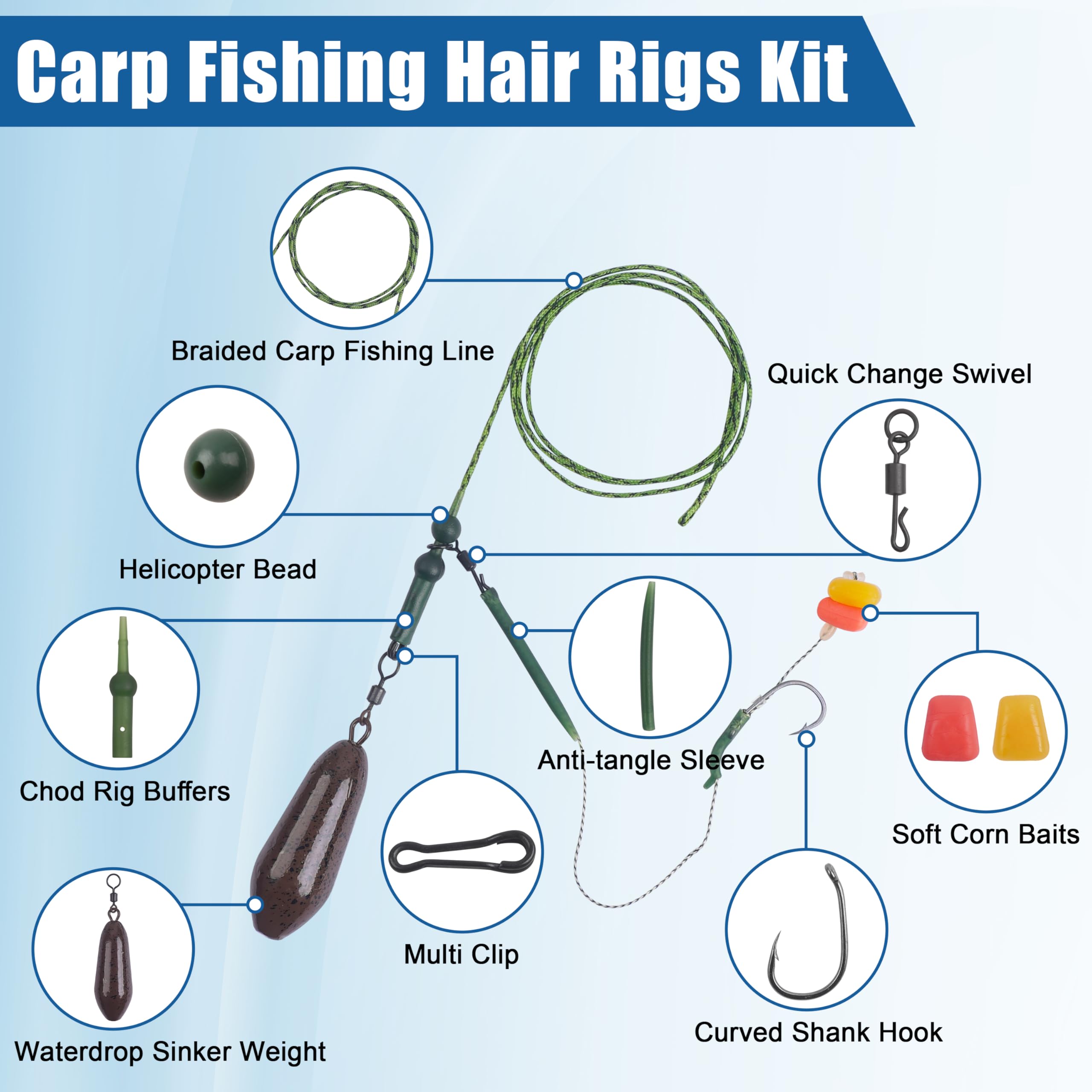Carp Fishing Rig Kit Carp Fishing Accessories Set Hair Rigs for Carp Fishing Rigs Carp Bait with Carp Sinker Swivels Hook Line Fishing Weights Corn Bait for Carp Bass Fishing Tackle (SD-2OZ)