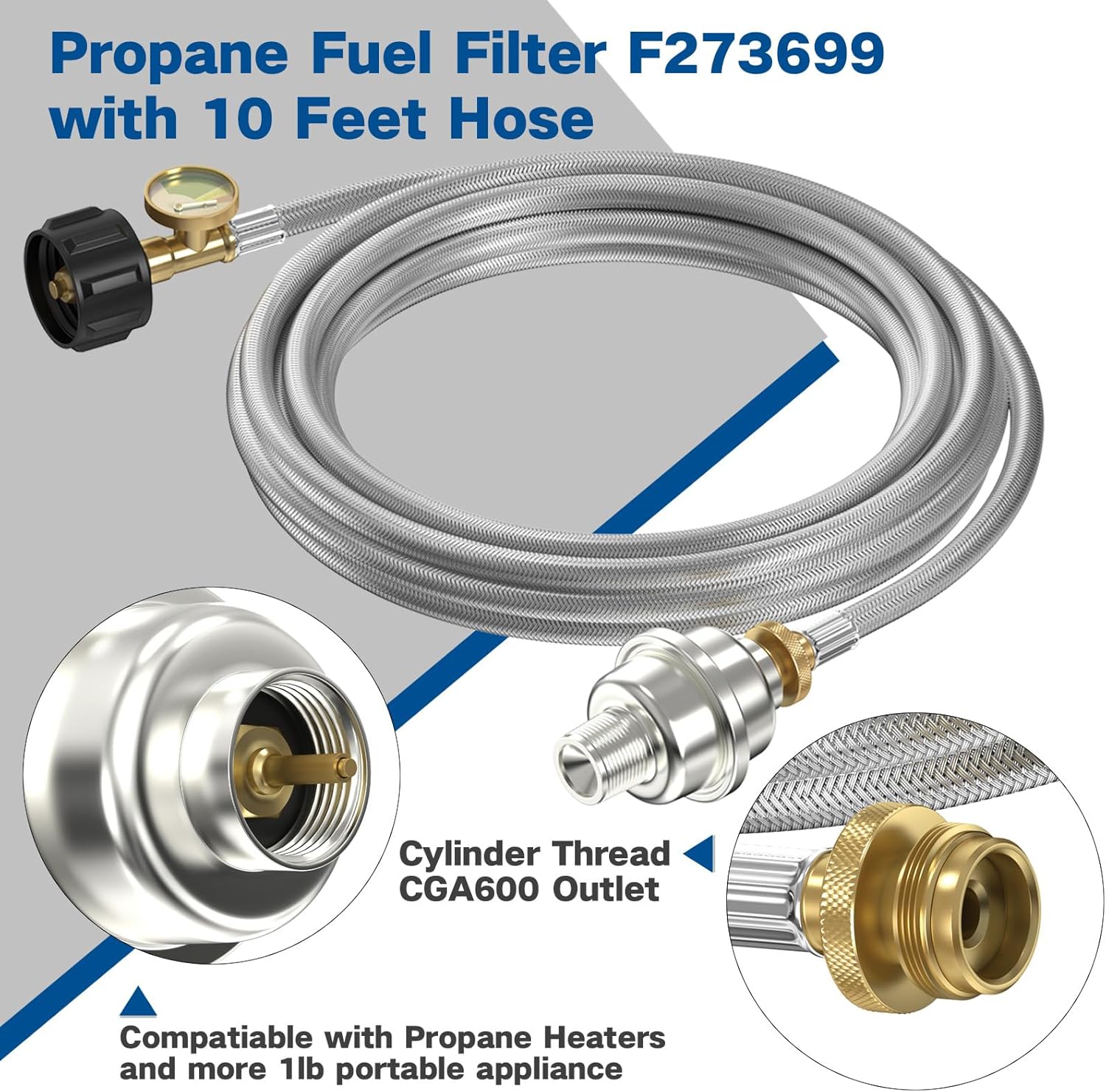 10FT Stainless Braided Propane Adapter Hose with Gauge, Adapter Hose with QCC1/Type1 Adapter Connect 20-45 lb Propane Tank (10FT Extension Hose/Propane Fuel Filter) for Mr Buddy Heater and Big Buddy
