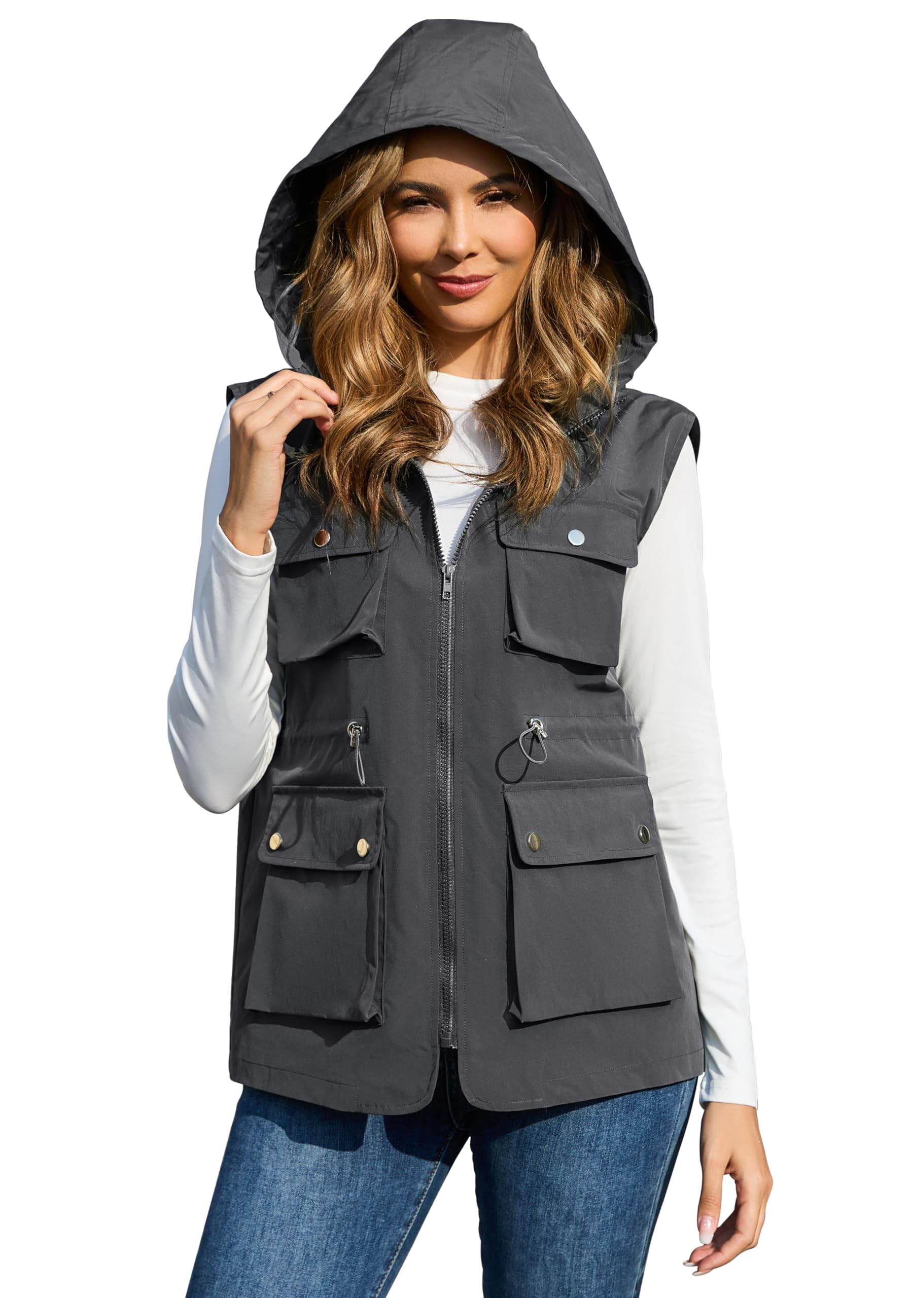 PESION Womens Packable Military Utility Vests Outerwear Waterproof Windbreaker Jacket Cargo Vest with Removable Hood