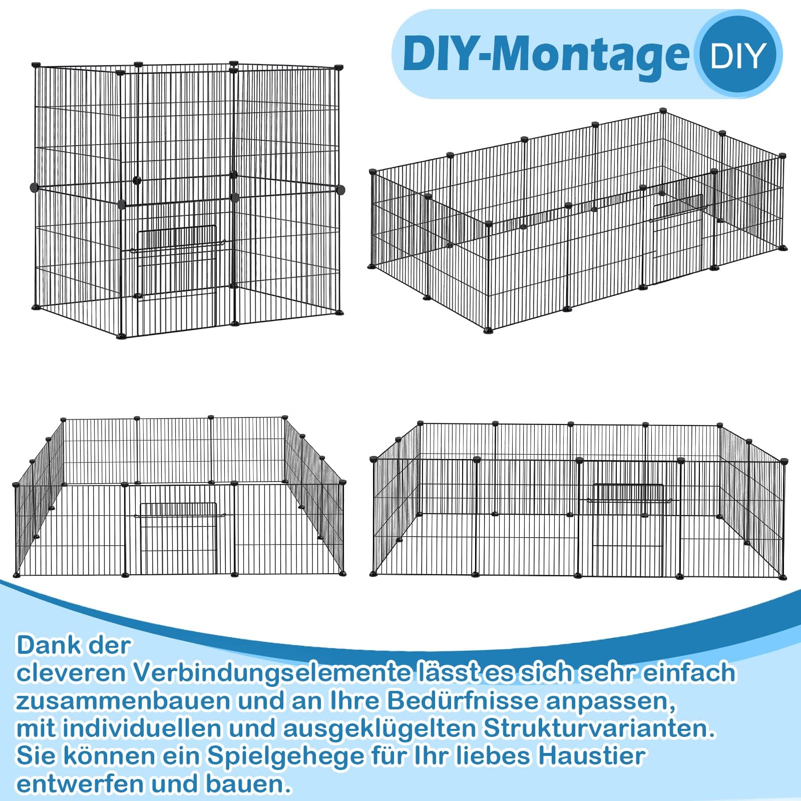 LZQ Freilaufgehege, Freigehege für Kaninchen, Meerschweinchen Käfig, Kleintiergehege mit Tür, Gehege für Kleintiere, Hasen, Frettchen, Igel, Welpen, Kätzchen, Dichtes Netz 12 PCS,142 x 72 x 36 cm