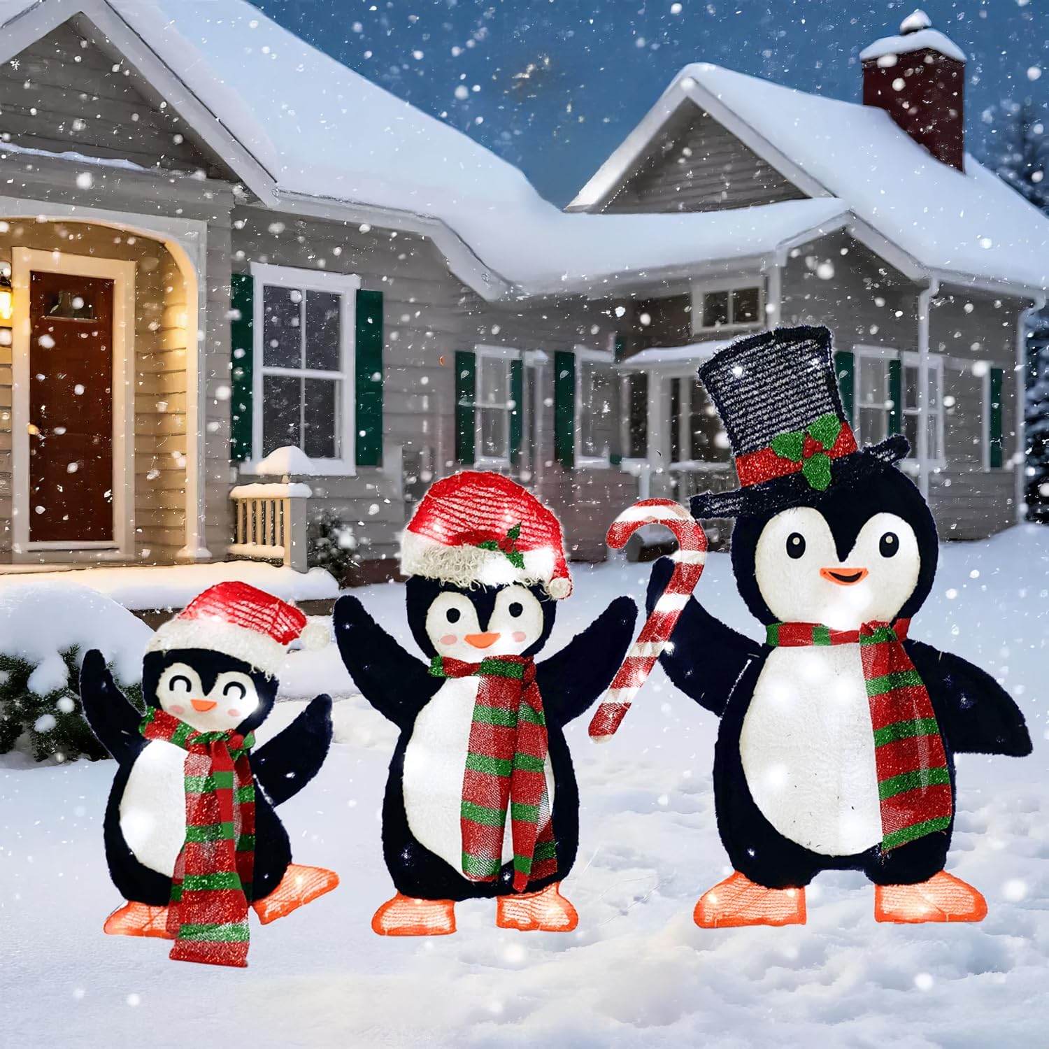 Large Outdoor Lighted Penguin Christmas Decoration Set, Stackable Handmade Indoor Penguin Figures, Waterproof 60" High 156 LED Light Up Outside Easter Sign Decor for Yard Lawn Home, Plug and Play Christmas Penguins