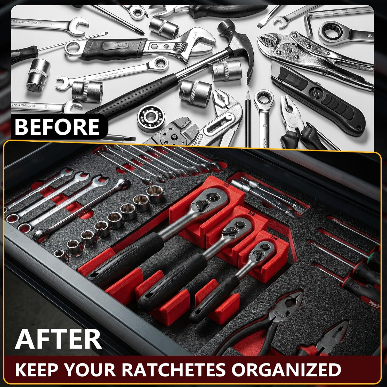 Magnetic Ratchet Organizer Set for 1/4", 3/8", 1/2" Ratchets — Low-Profile Modular Magnetic Drawer Mounts (Red)
