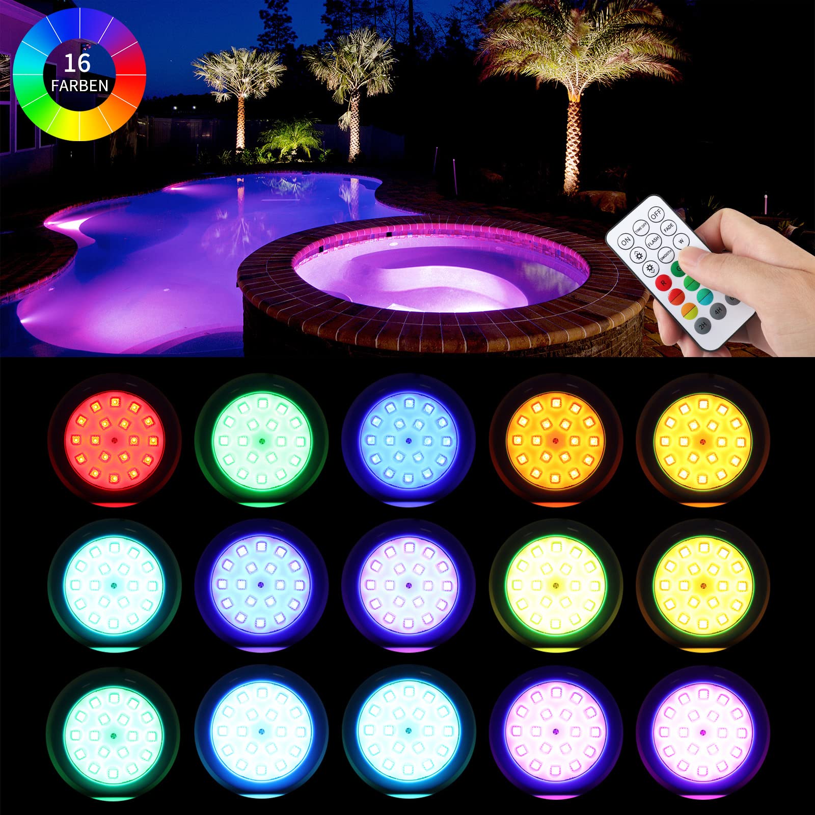 COOLWEST Lampada da piscina fuori terra 10W RGB con telecomando RF e ventosa, lampada da piscina 12V AC/DC IP68 impermeabile 16 colori 3 opzioni timer cavo 7m
