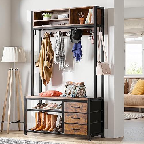 Raybee Árbol de pasillo, perchero independiente, perchero con almacenamiento de zapatos, banco de entrada con almacenamiento, árbol de pasillo con