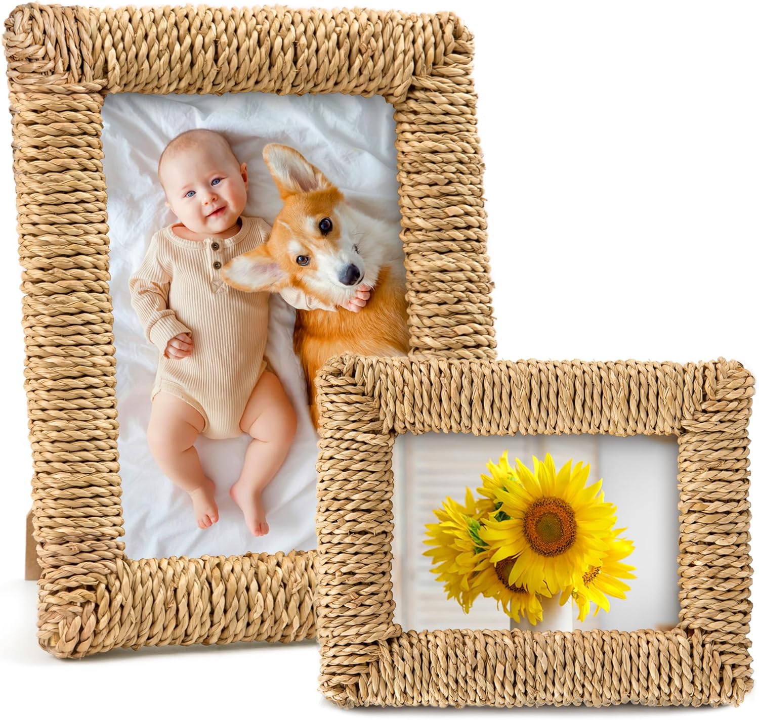 2 Pcs Rattan Picture Frame, 4x6 & 5x7 Boho Photo Frame Handmade Farmhouse Wicker Picture Frame Set for Wall and Tabletop Display (Natural, 4X6+5X7)