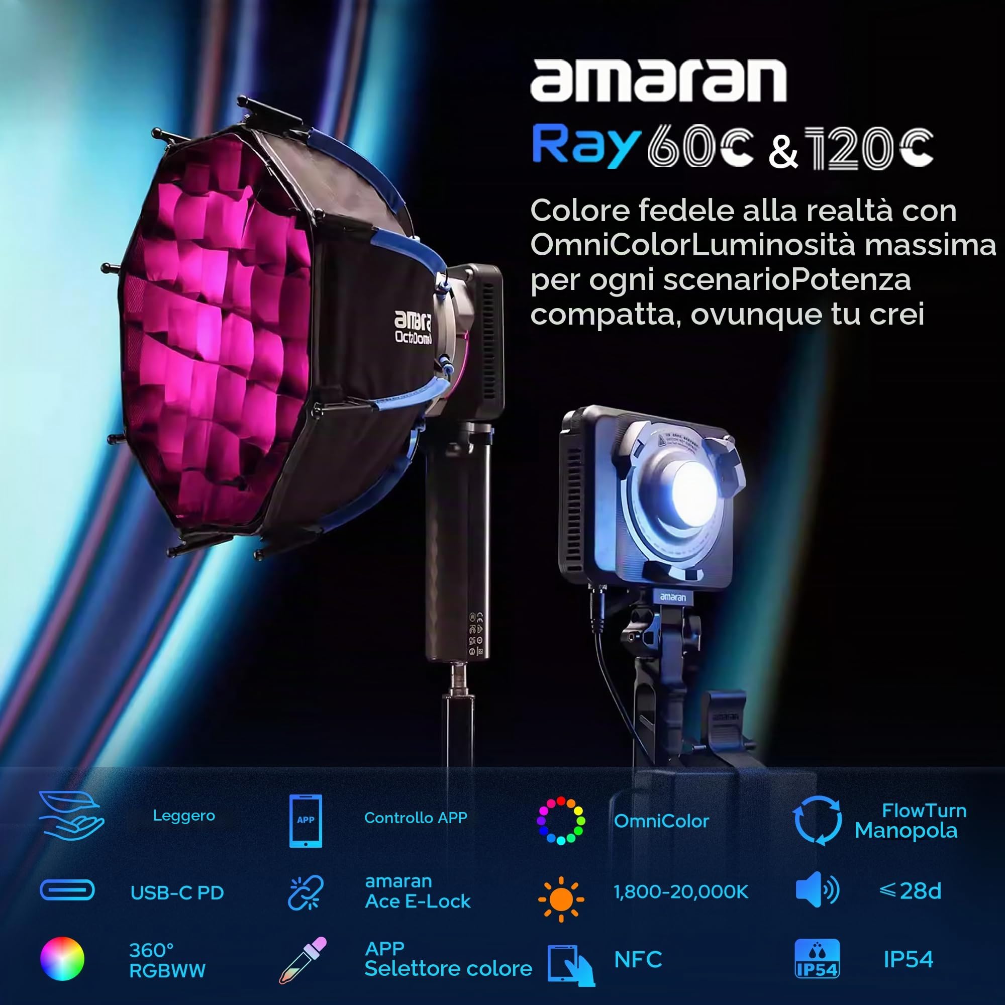 Amaran Ray 60c - Luce LED COB per video, 60 W, montaggio Bowens, ACE E--Lock, compatibile con controllo tramite app e NFC, con softbox CRI 95 TLCI 95 (60 W)