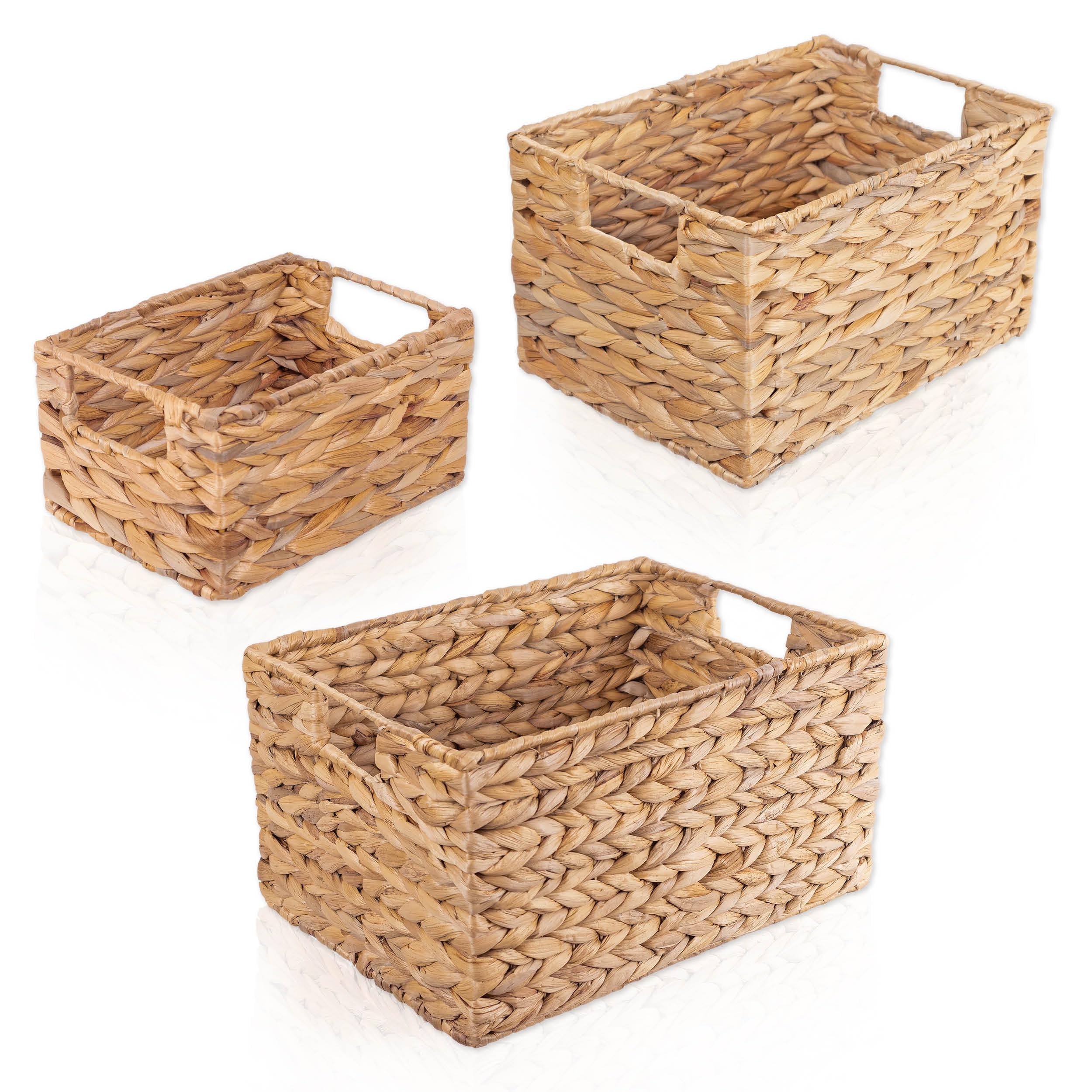 FRIHET Panier de rangement rectangulaire tressé en jacinthe d'eau | Boîte de rangement avec poignées | Petit panier à linge | Organiseur de penderie etc. | Différentes tailles (lot de 3, taille 1+2+3)