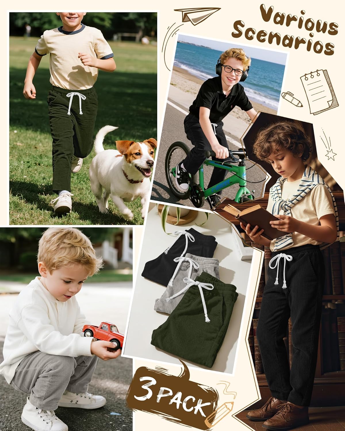 3 Pack Boy's Corduroy School Uniform Pants Baggy Straight Leg Pull on Pants Casual Drawstring Joggers with Pocket - Image 4