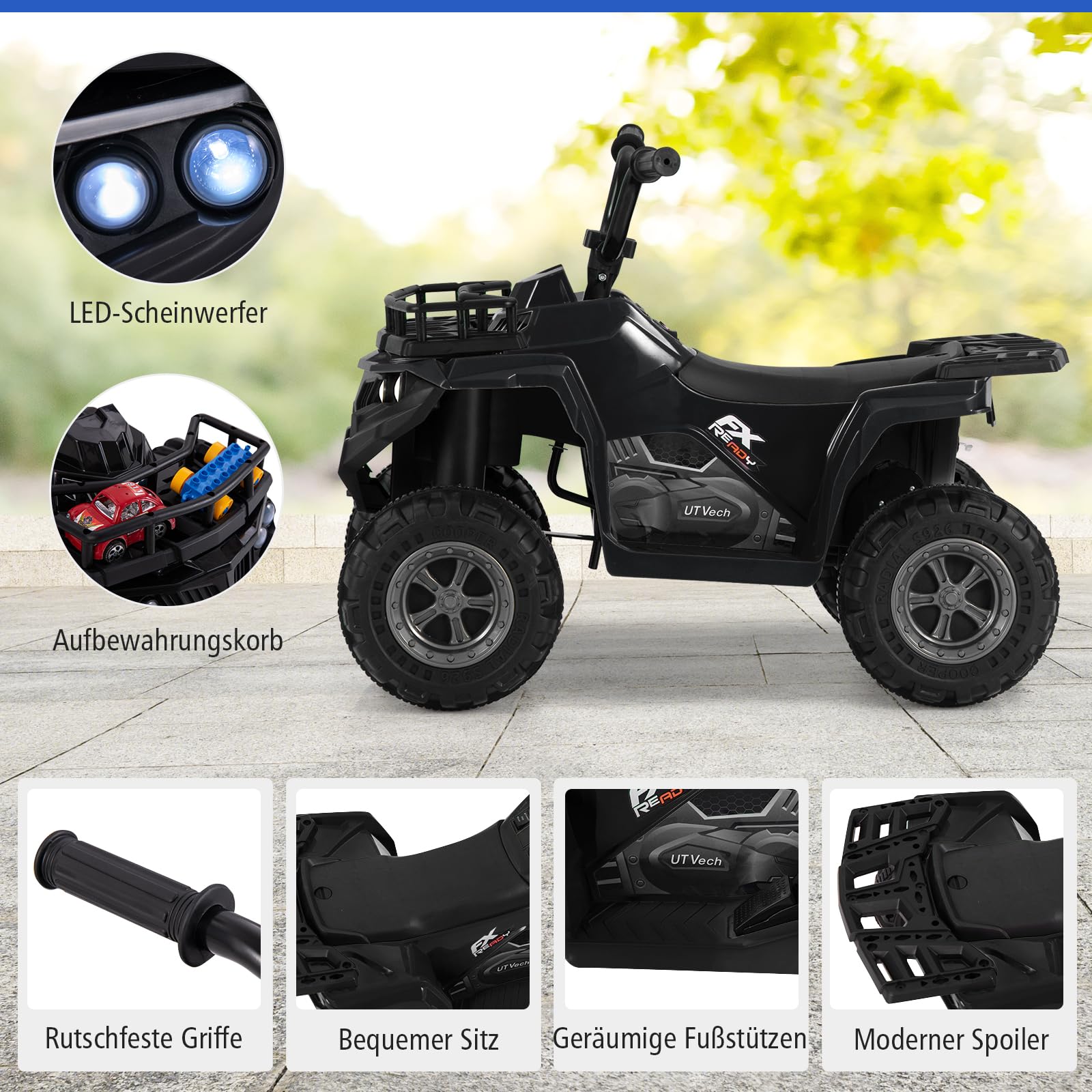 GOPLUS Quad elektryczny dla dzieci 6 V, dla dzieci Ride-On ATV z uruchamianiem jednym przyciskiem, odtwarzacz MP3, reflektory LED i kosz do przechowywania, samochód elektryczny dla chłopców i
