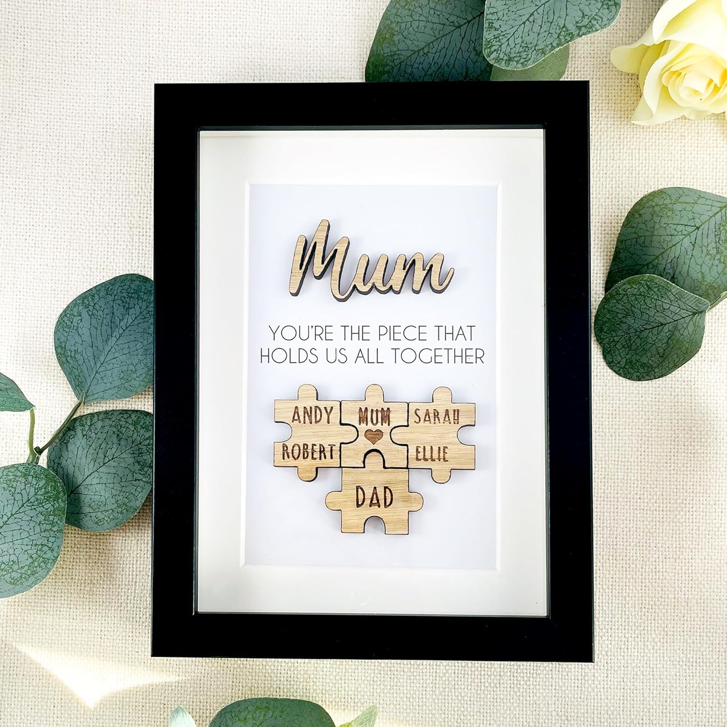 Personalised 3D Box Frame Framed Gift for Mum Mummy Mam for Mothers Day Birthday Jigsaw Puzzle Wooden Engraved Thoughtful Shared Family Name Pieces