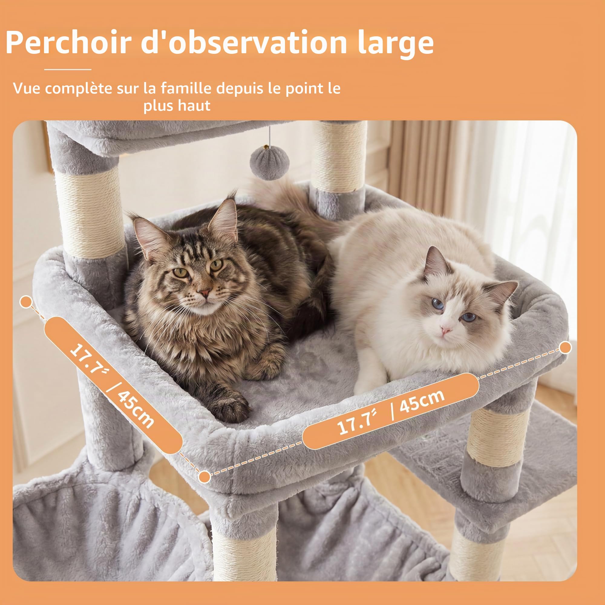 Heybly Arbre à Chat Sol Plafond 266-296 cm, Tour Large Multi-Espaces HCT92W | 2 Niches Douillettes, Coussins Amovibles, Panier Rond, Hamac Suspendu, Sisal Naturel, Structure Stable, Niveaux, Gris Clair