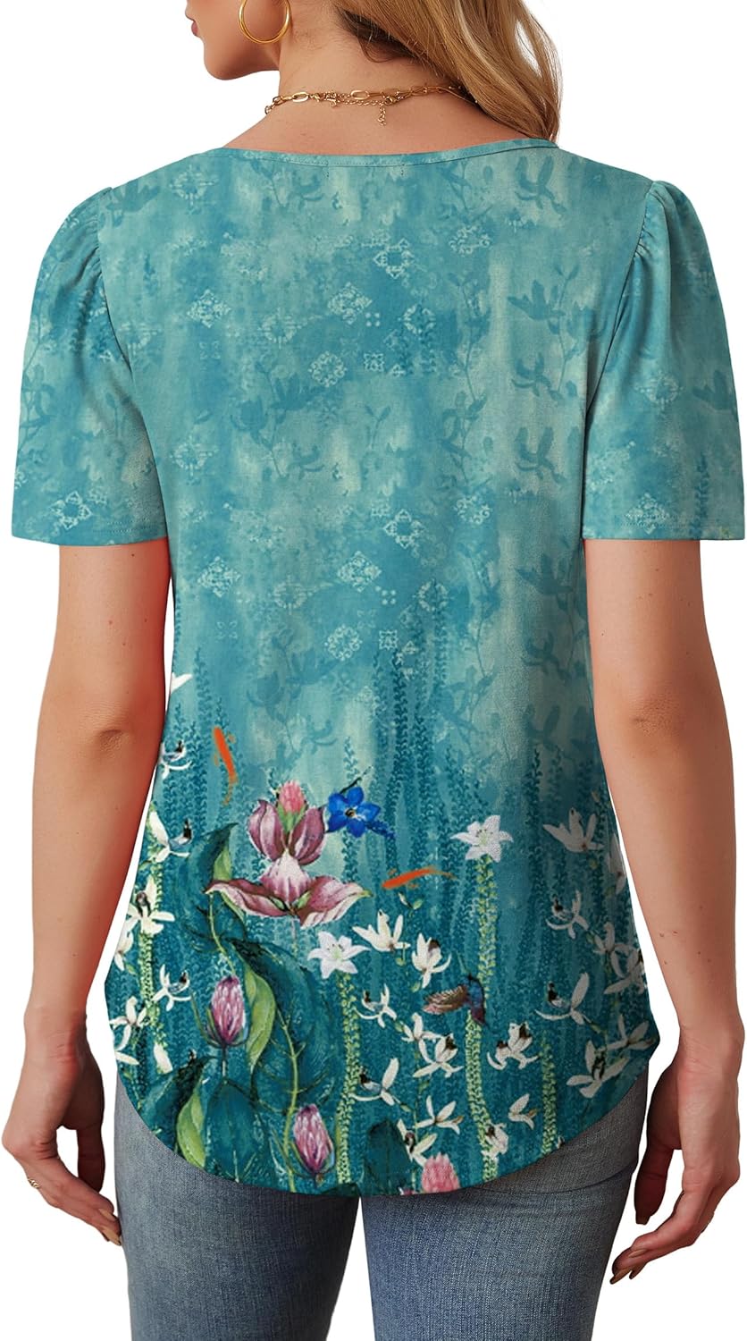 OFEEFAN Womens T Shirts Short Sleeve Tops Dressy Casual Blouses Spring Summer Outfits Flowy Pleated Front Scooped Neck - Image 5