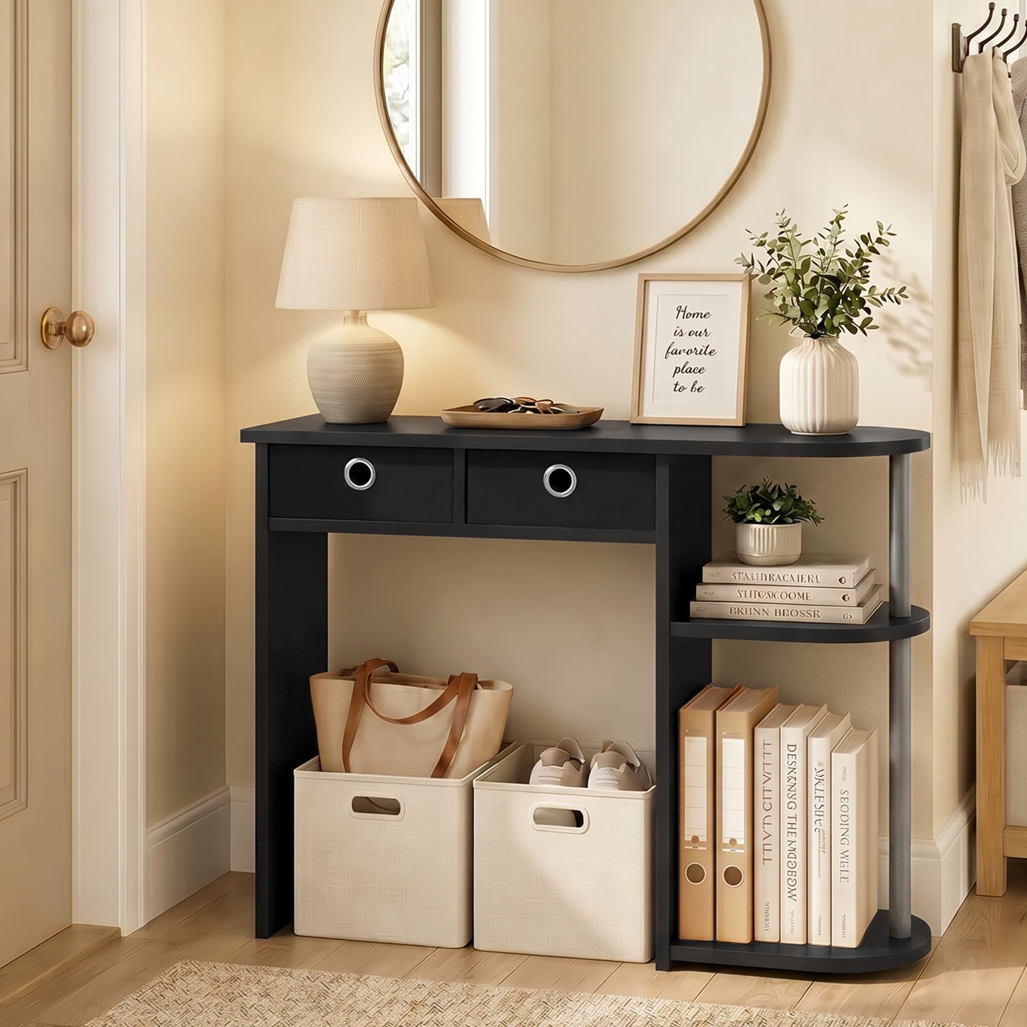 Furinno JAYA 81.3cm Black Entryway Table with 2 Fabric Drawers, Console Table with Open Shelves, Behind Sofa Couch Tables, for Living Room, Entryway, Hallway, Black