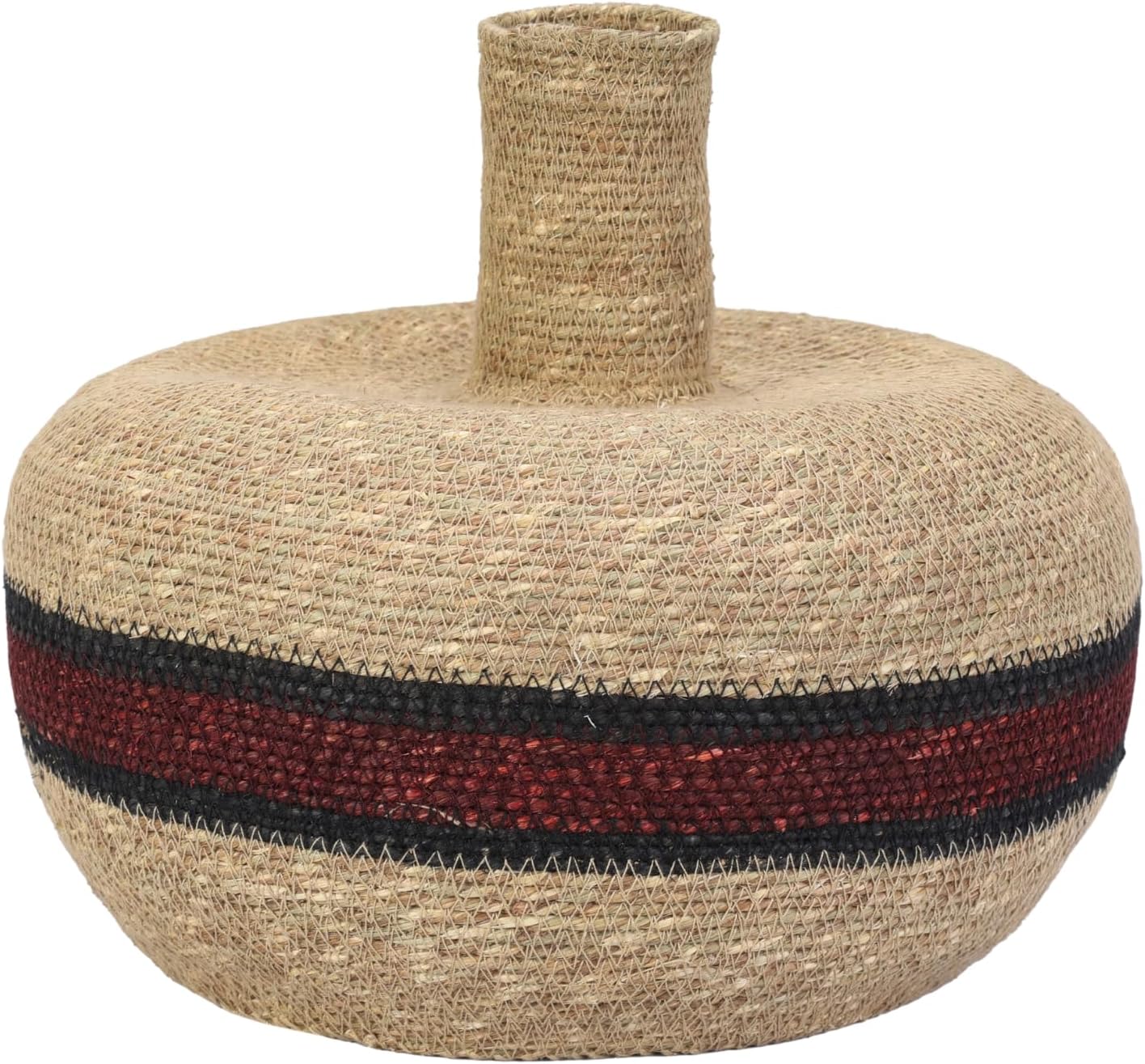 MIRA Moonj Grass Decorative Floor Vase – Handwoven Globe Vase for Dried Flowers, Branches, Faux Florals – 11.5" Natural Fiber Boho in Maroon and Black – Artisan Woven Home Decor Accent