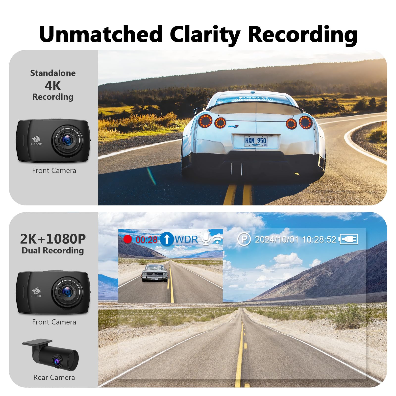 Amazon.com: Z-Edge T4 Dash Cam Front and Rear, 4K Dual Dash cam