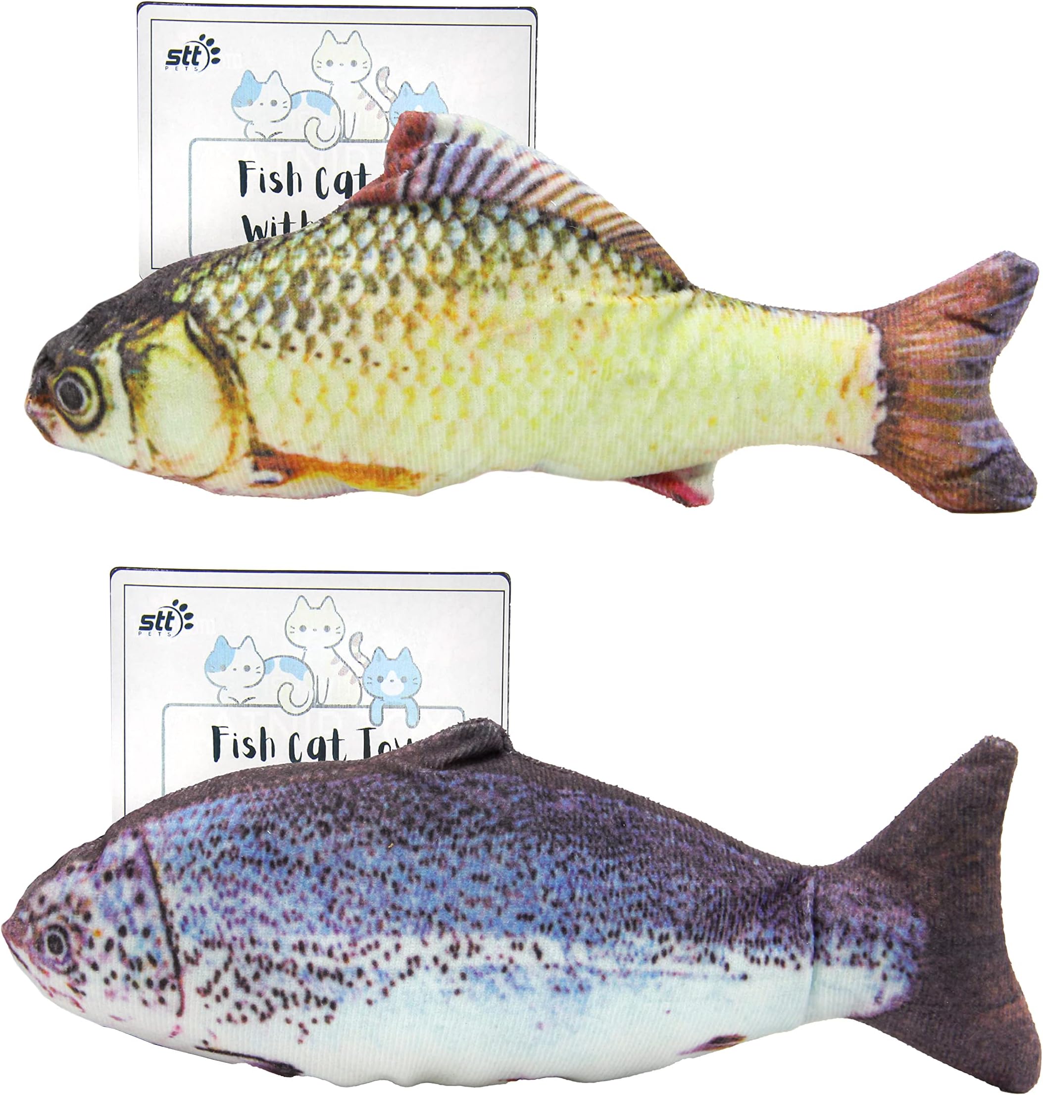 STT Pets - 2pcs Realistic Soft Fish With Catnip Cat Toy, Artificial Plush Fish Pet Kitten Kicker Play, Catnip Mint Stuffed Interactive Chewing Play - Pack of 2 - Random Colour Supplied
