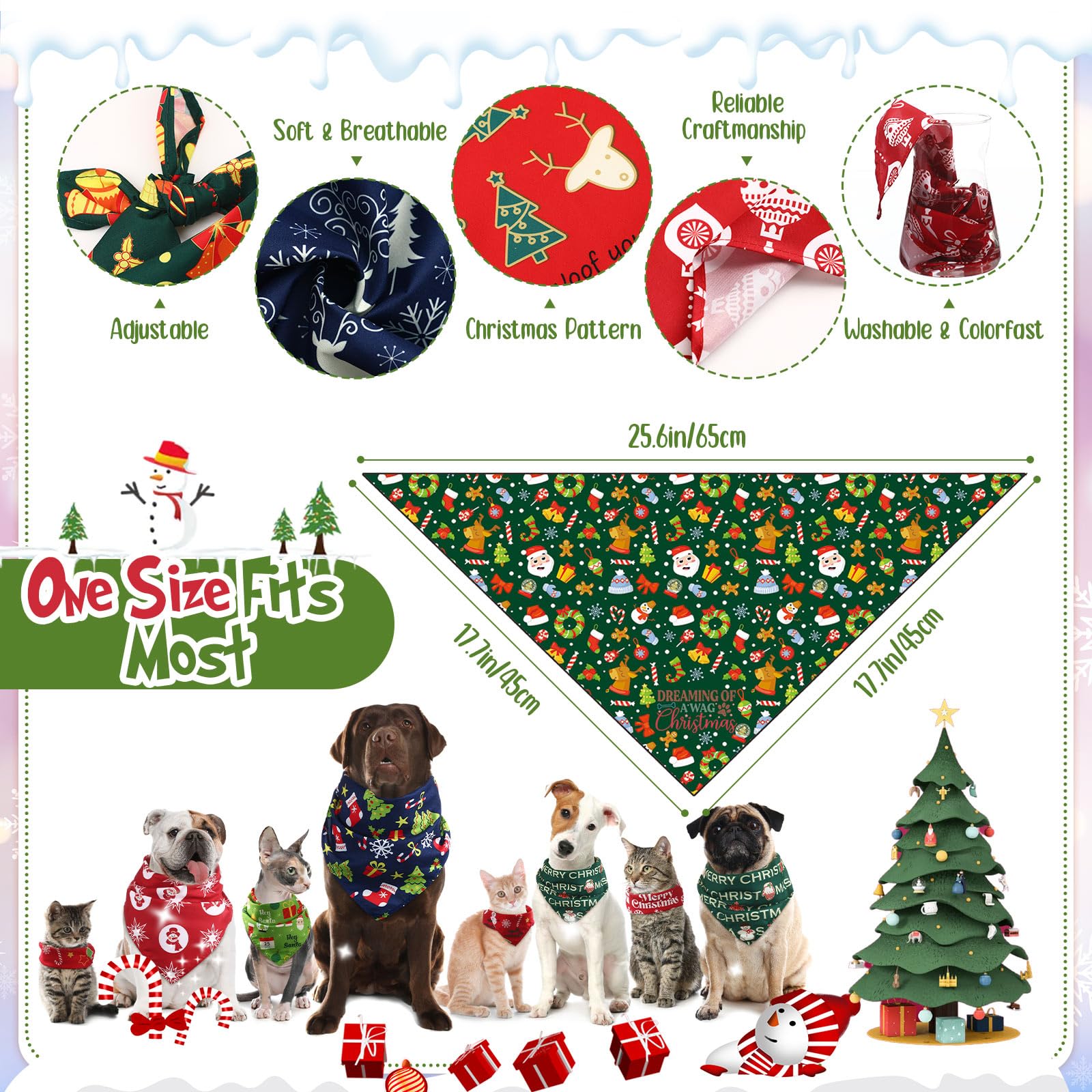 Abbylike 50 bandane invernali per cani sfuse di Natale sciarpe triangolari bavaglini regolabili lavabili per cuccioli fazzoletto stagionale accessori per costumi per animali domestici forniture per la