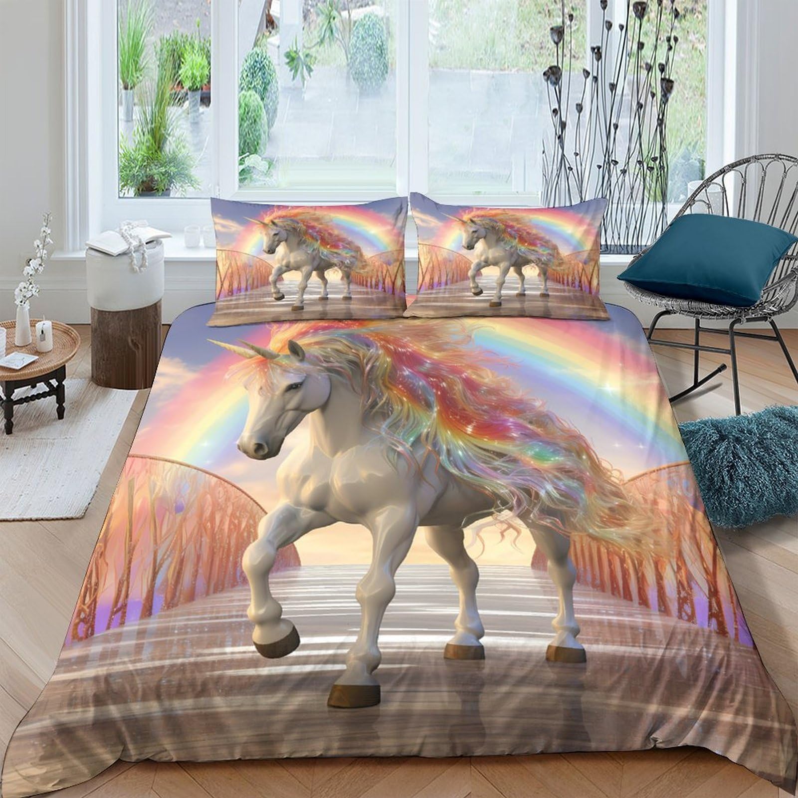 Ctjqhvkz Style-10 3D Printed Unicorn Rainbow Fitted Sheet Microfiber Anti-Slip Bed Cover For Bedroom Guest Room Mattress Protection Decor Single（135X200cm）