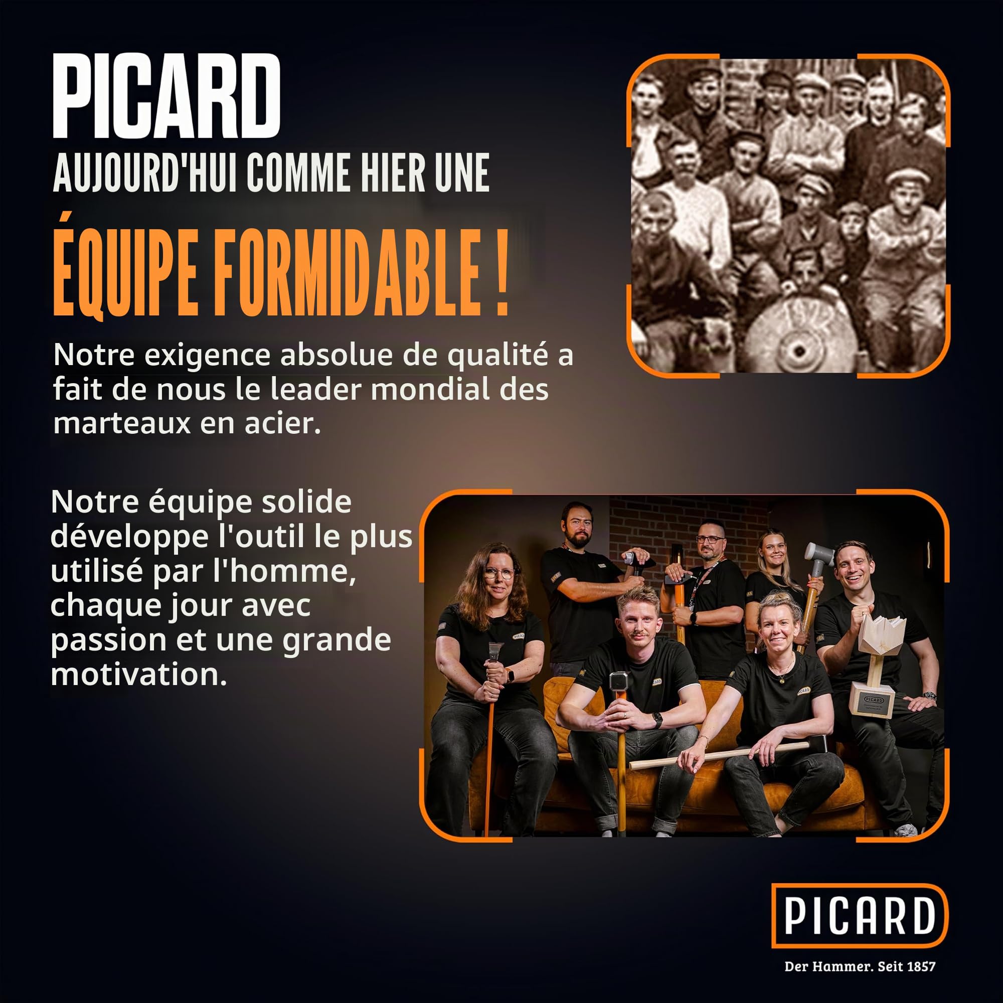PICARD marteau de charpentier no. 298 + Mini pied-de-biche BlackGiant® + Sticker | Outil couvreur professionnel 600 g | Manche acier chromé-molybdène | Porte-clou magnétique | Avec arrache clou