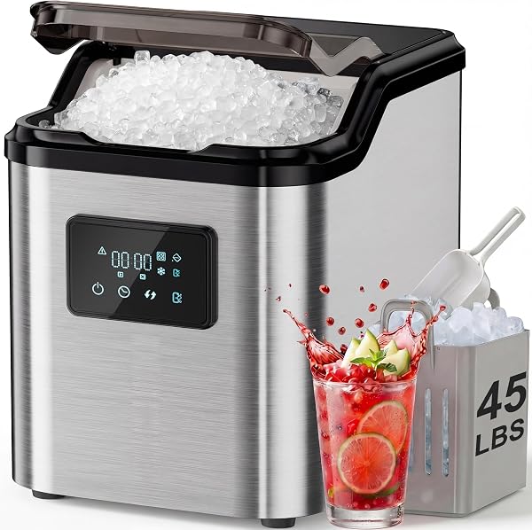 Nugget Ice Makers Countertop,Portable Pebble Ice Machine with Crushed Ice,45lbs/Day Soft Pellet Ice Maker Stainless with 24H Timer, Self-Cleaning Chewable Sonic Ice for Home,Kitchen,Office - 1