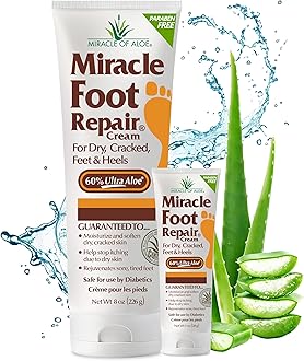 Miracle Foot Repair Cream (8 oz & 1 oz) Repairs Dry Cracked Heels and Feet, 60% Pure UltraAloe Moisturizes, Softens, and Repairs