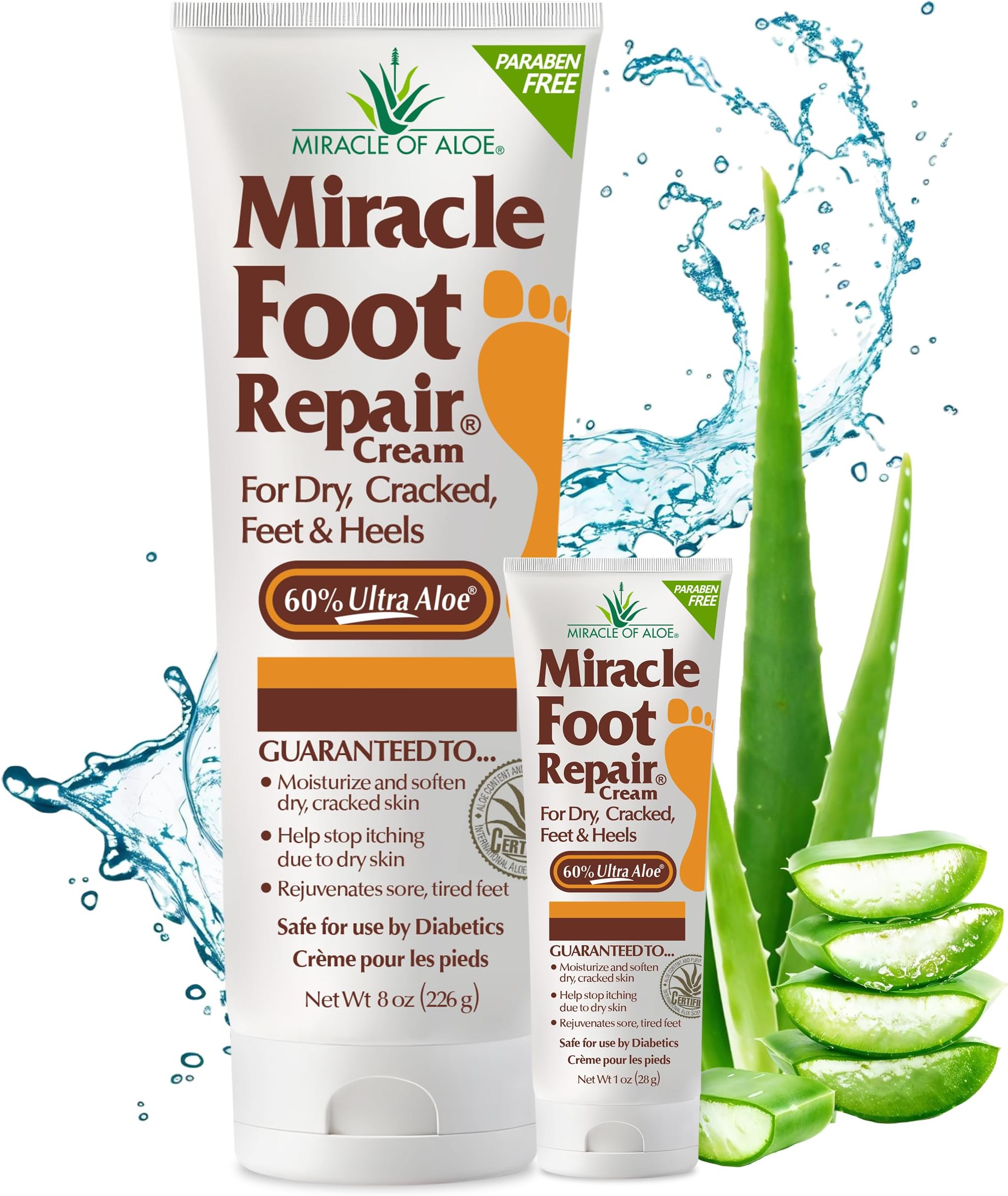Miracle Foot Repair Cream (8 oz & 1 oz) Repairs Dry Cracked Heels and Feet, 60% Pure UltraAloe Moisturizes, Softens, and Repairs