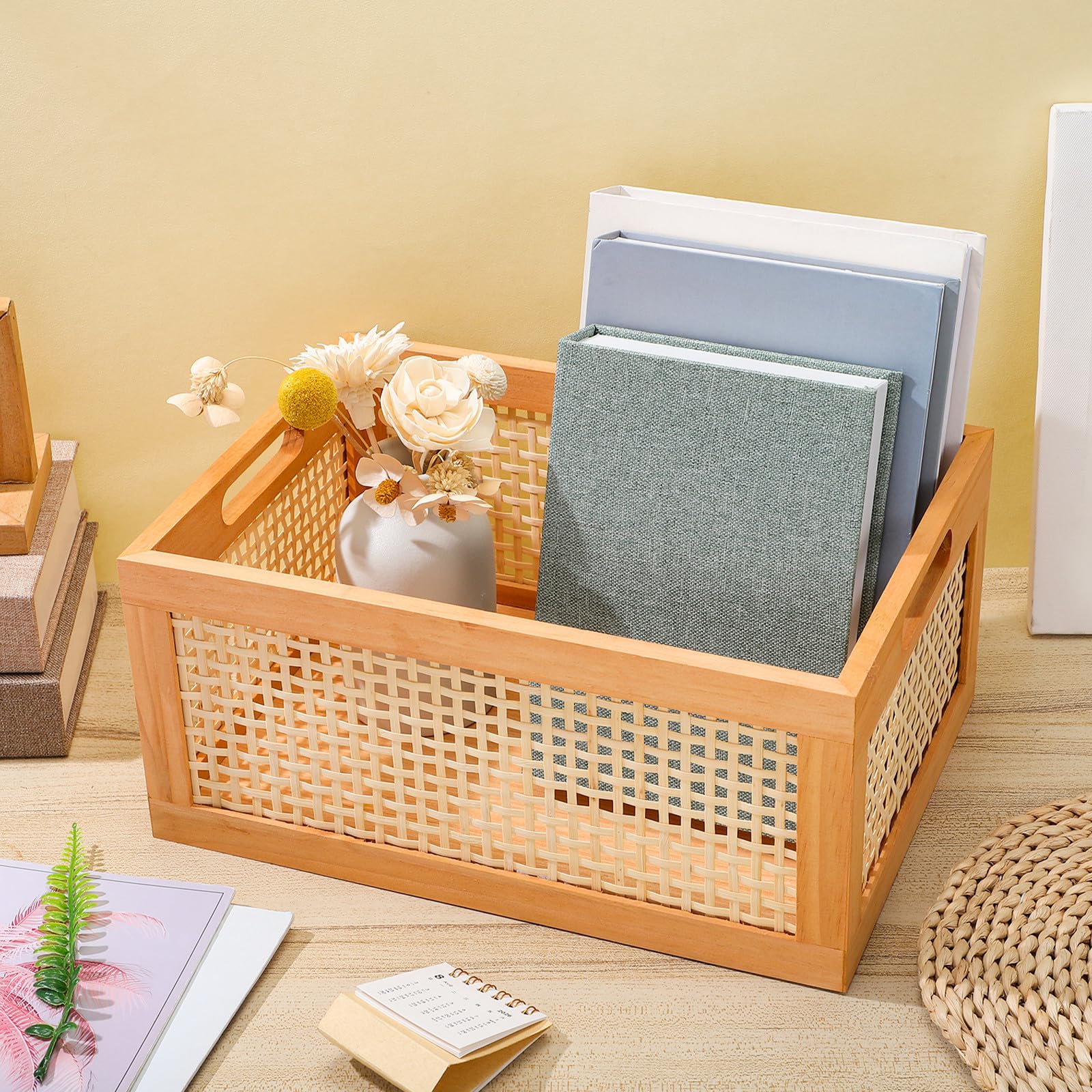 Cestino Portaoggetti Legno Massello, Contenitore Vario con Maniglia 35X25X16 CM per Storage di Oggetti in Cucina e Camera degli Ospiti