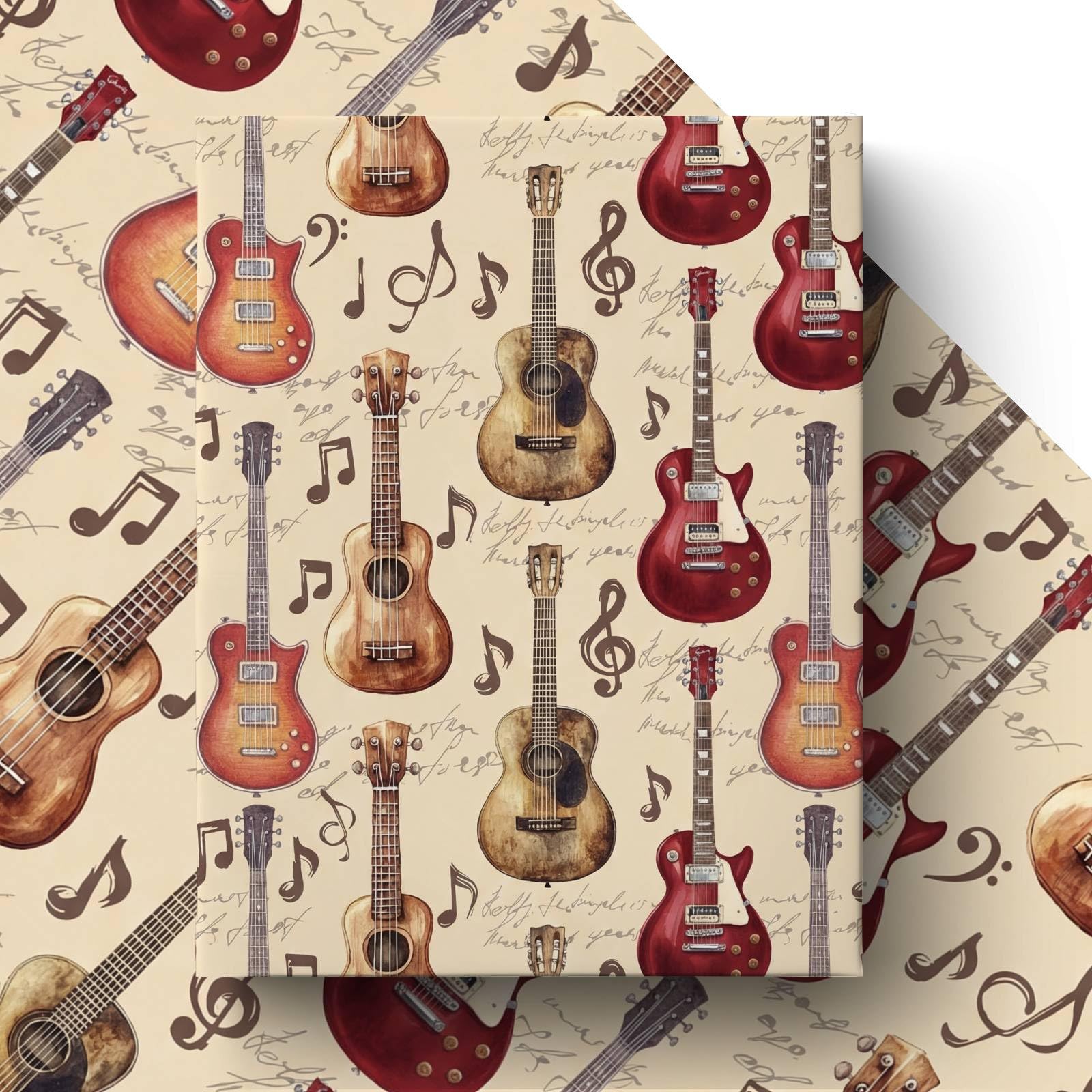 GleeWrap Guitar Wrapping Paper Vintage Music Gift Wrap for Men Boys Guitar Lovers Birthday Wrapping Paper Set 4 Sheets 50x70cm