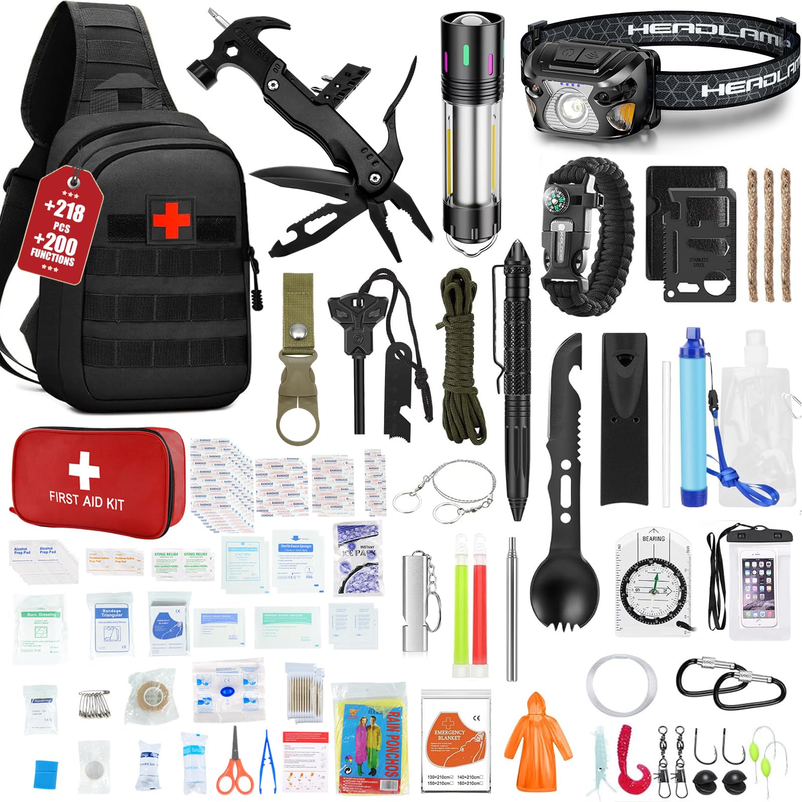 Gemmac Kit Supervivencia, 218 en 1 Portátil Kit Supervivencia 72 Horas Equipada con Filtro Agua Chubasquero Silbato Brujula Luz Camping Multifuncional Survival Kits Camping Aventura Senderismo Regalo