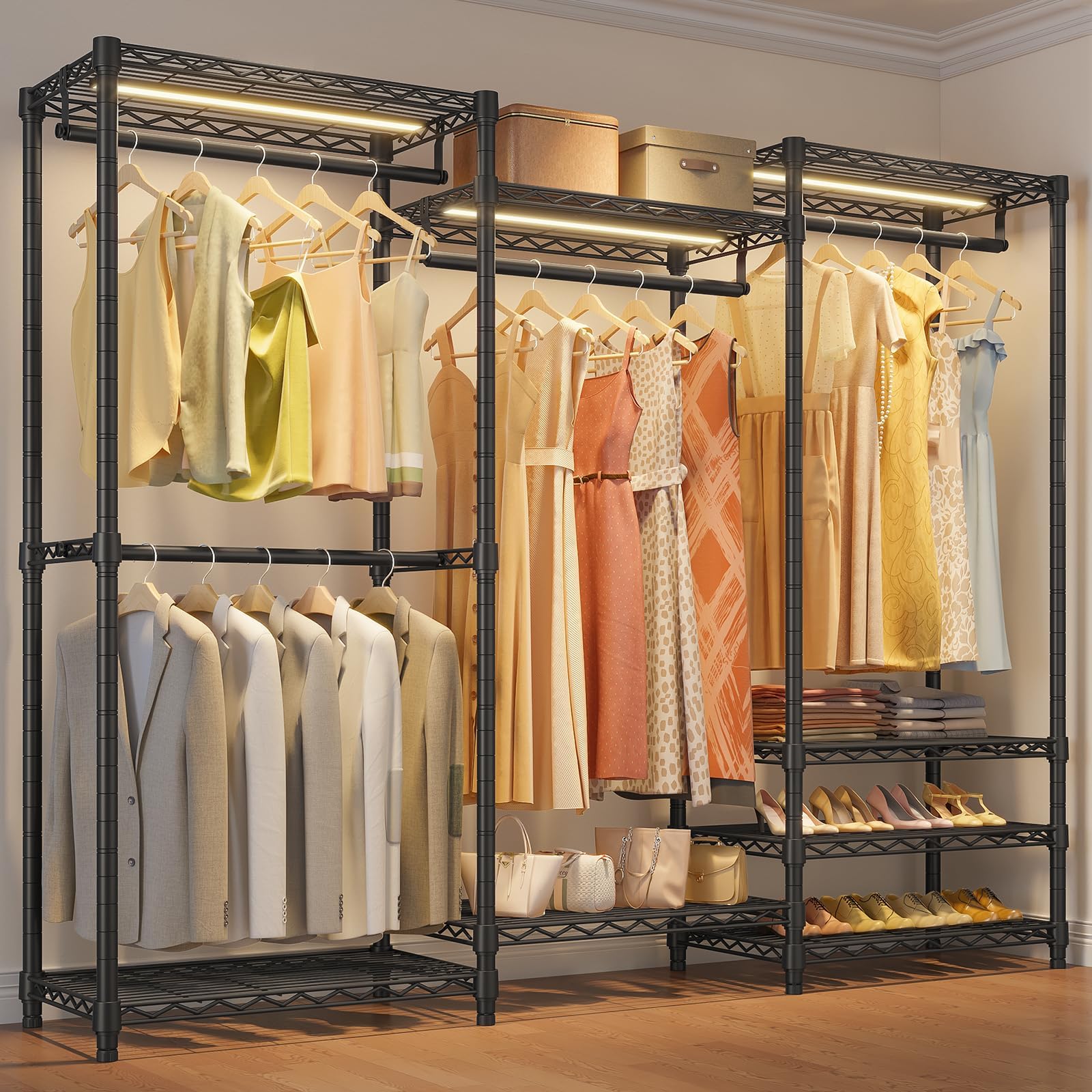 VIPEK V5L Garment Rack Heavy Duty Clothes Racks with Dimmable LED Light, 3000K Warm White, Portable Closet Wardrobe Freestanding Metal Clothing Racks for Hanging Clothes, Max Load 890lbs, Black