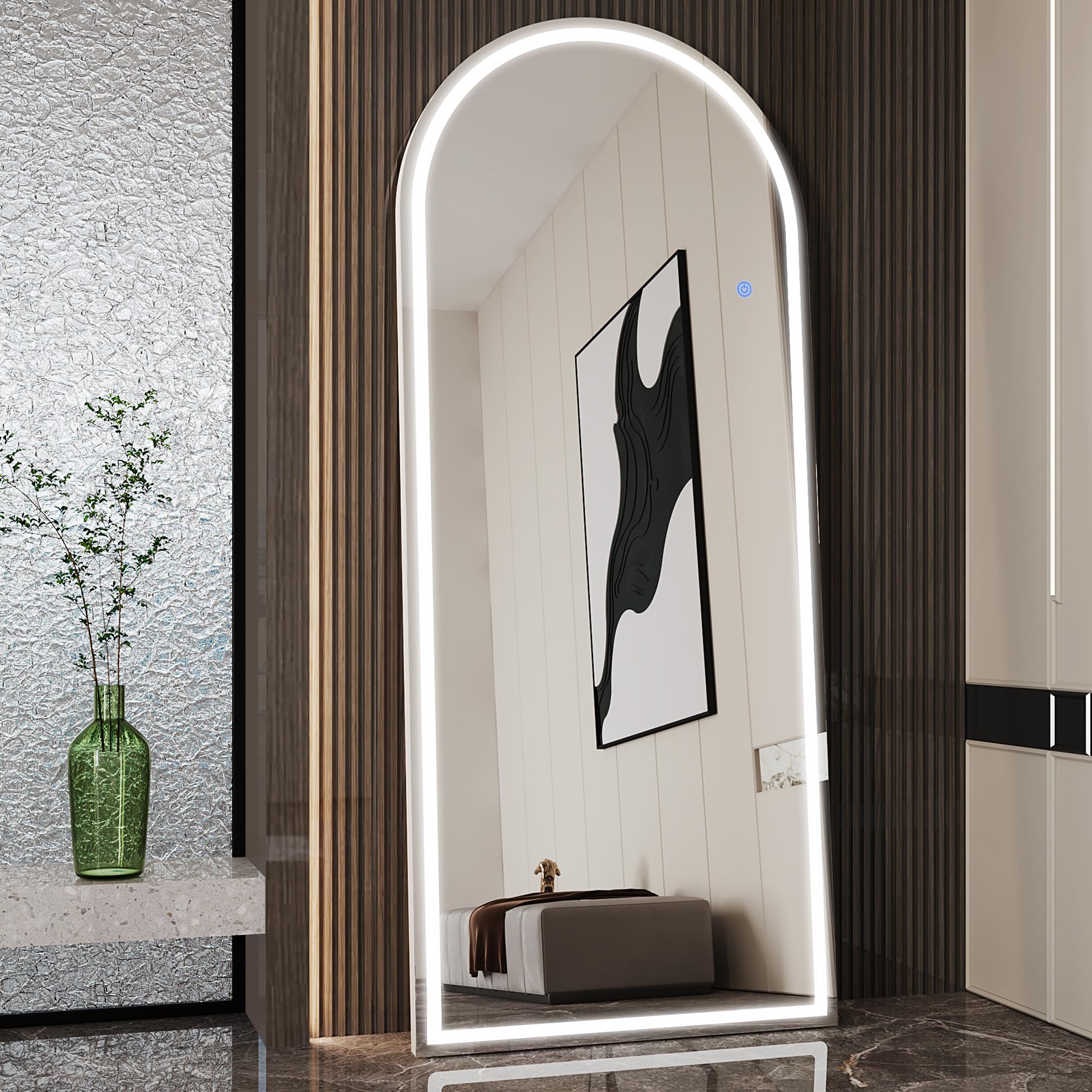 Antok LED Full Length Mirror, 71" x 28" Lighted Floor Standing LED Mirror Full Length,Hanging Mirrors with Stand Free Standing Floor Mirrors for Bedroom (Rect): 71"L x 28"W Arched Style White