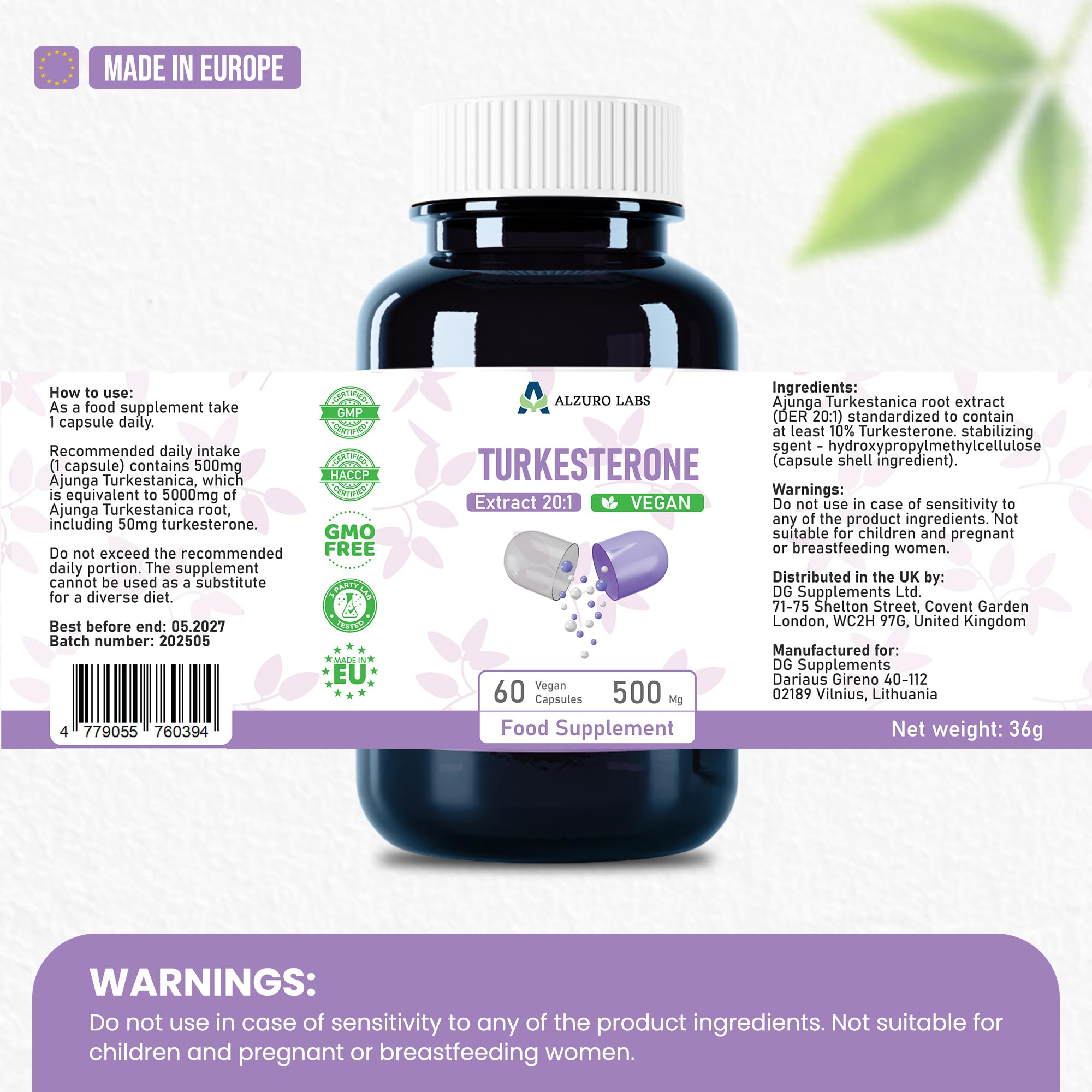 Turkesterone | 5,000mg Equivalent | 50mg Turkesterone per Capsule (10% Standardised) | 500mg 10:1 Ajuga Turkestanica Extract | 60 Vegan Capsules | GMP & Testé en Laboratoire Indépendant