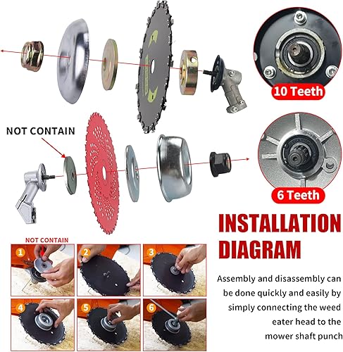 Miniatura 9 de Gashwer Juego de 2 cuchillas de cepillo de dientes de motosierra redonda de acero al carbono de 9 pulgadas x 20T, kit de adaptador universal con 3