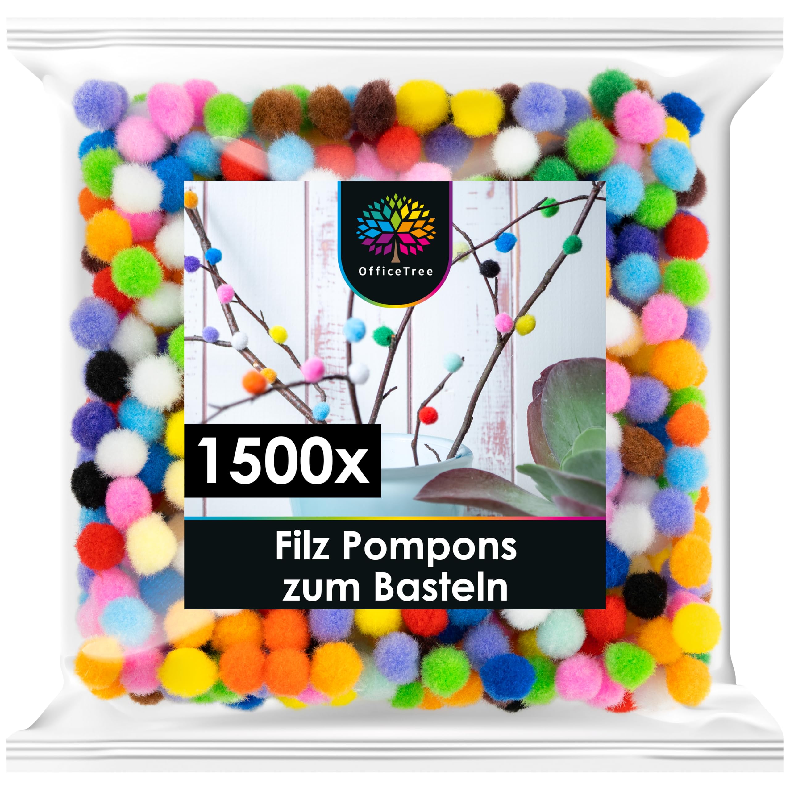 OfficeTree 1500 Bunte Pompons zum Basteln 10mm - Filzkugeln Bunt Klein - Mini Pompons Bunt - Pompoms zum Basteln für Kinder und Erwachsene - Dekorieren Verzieren Nähen DIY