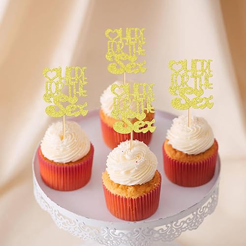 Miniatura 5 de Ercadio Paquete de 24 adornos para cupcakes sexuales, purpurina dorada aquí para el sexo, selecciones de cupcakes para revelación de género,