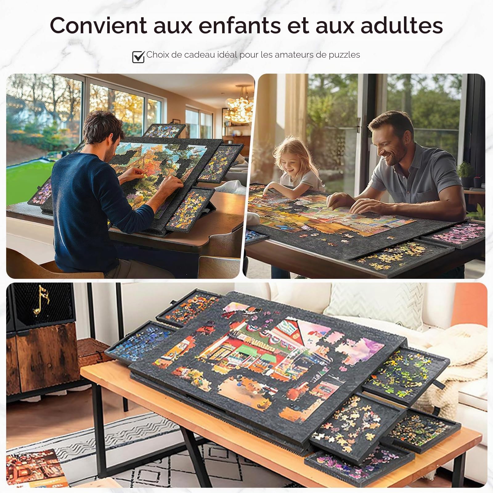 Planche Puzzle 1000 Pieces en Feutre avec 6 Tiroirs, Table Puzzle avec Support et Housse 2 en 1, Puzzle Table Portable pour Adultes, Cadeau de Noël pour Enfants (Noir)