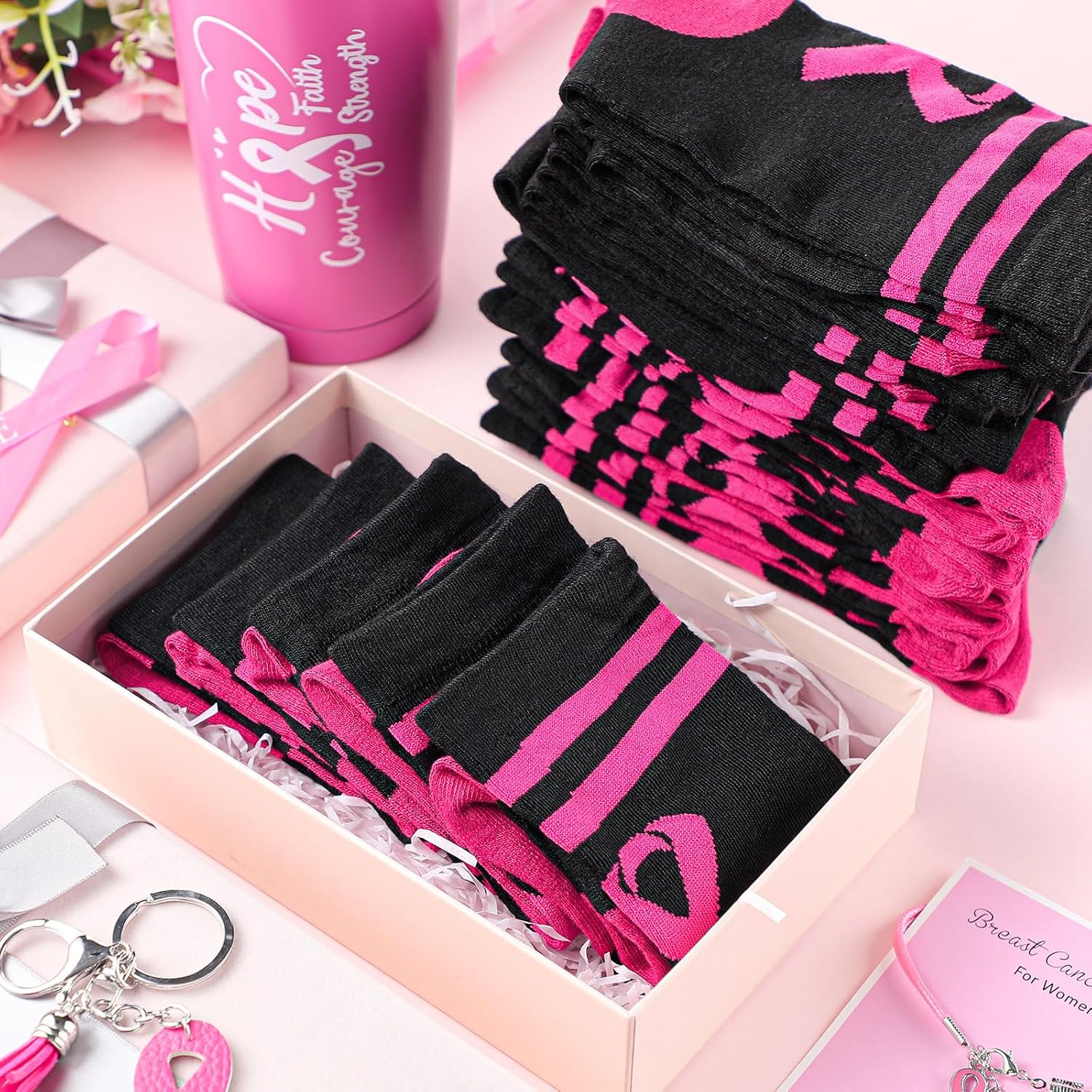 Haysandy 24 Pairs Breast Cancer Awareness Socks Bulk Soft Pink Ribbon Football Socks for Women Softball Volleyball Sport