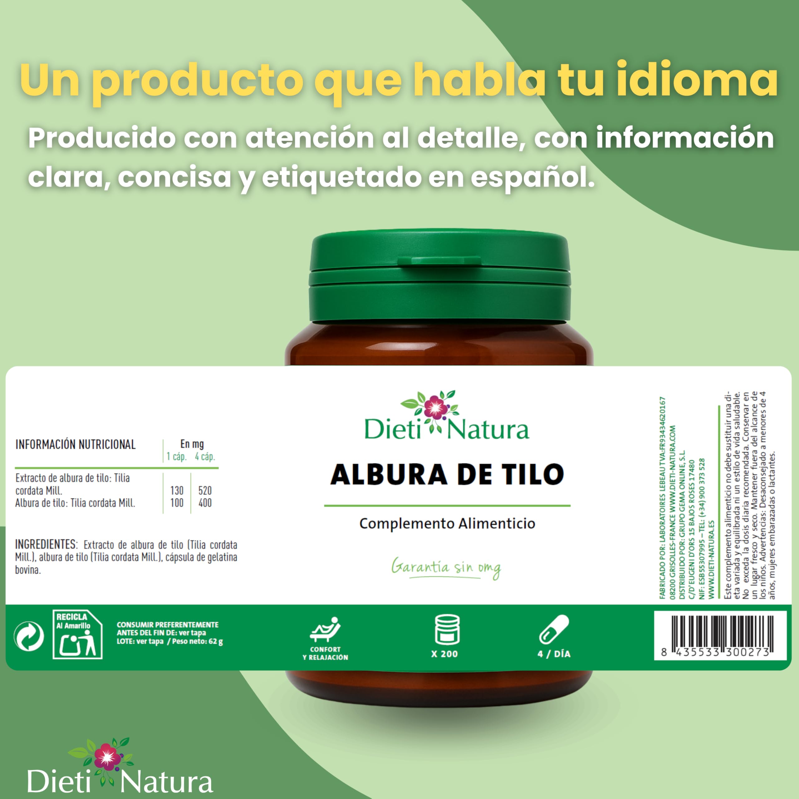 Dieti Natura Albura de Tilo Detoxificación Hepática y Bienestar Digestivo - 2480mg extracto 4:1 - Albura de Tilo Rica en Activos Naturales - Depuración Hígado y Vesícula (Pack de 3)