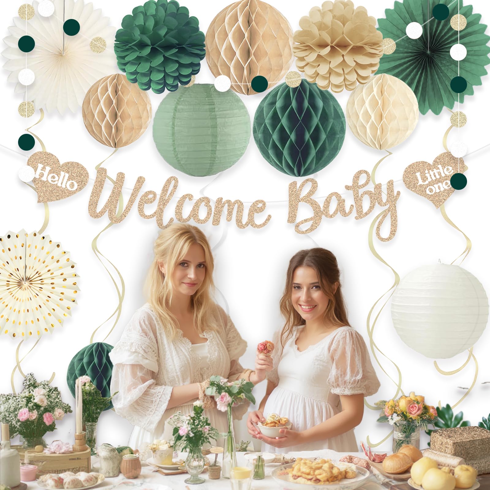 Sage Green Baby Shower Decorations Boy, Pre-Strung Welcome Baby Sign with Honeycomb Balls, Paper Flowers, Lanterns, Fans, Hanging Swirls, Circle Dots Garland for Boy Baby Shower Decorations 24pcs